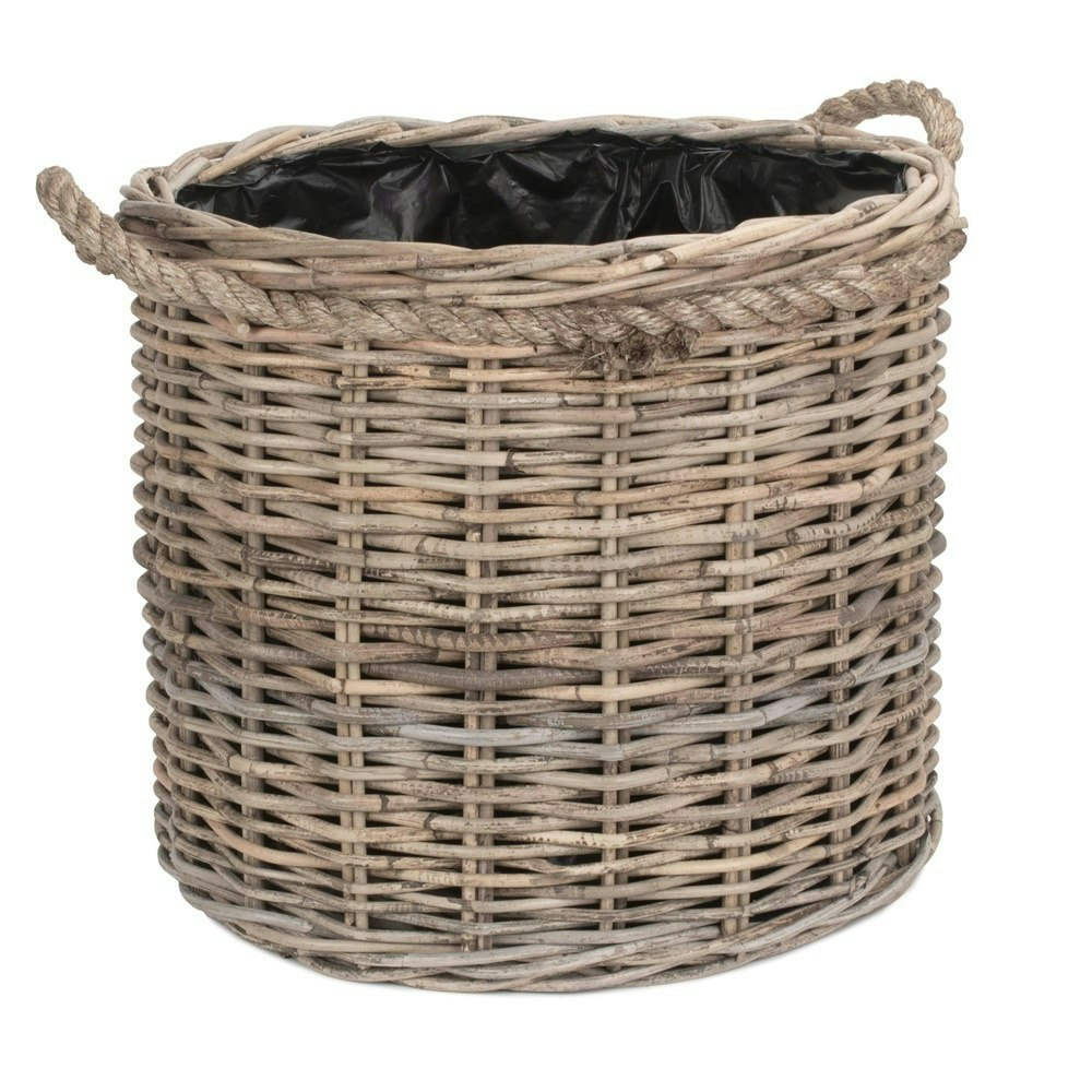 Red Hamper Rope Handled Rattan Round Planter With Plastic Lining - Medium - Rattan