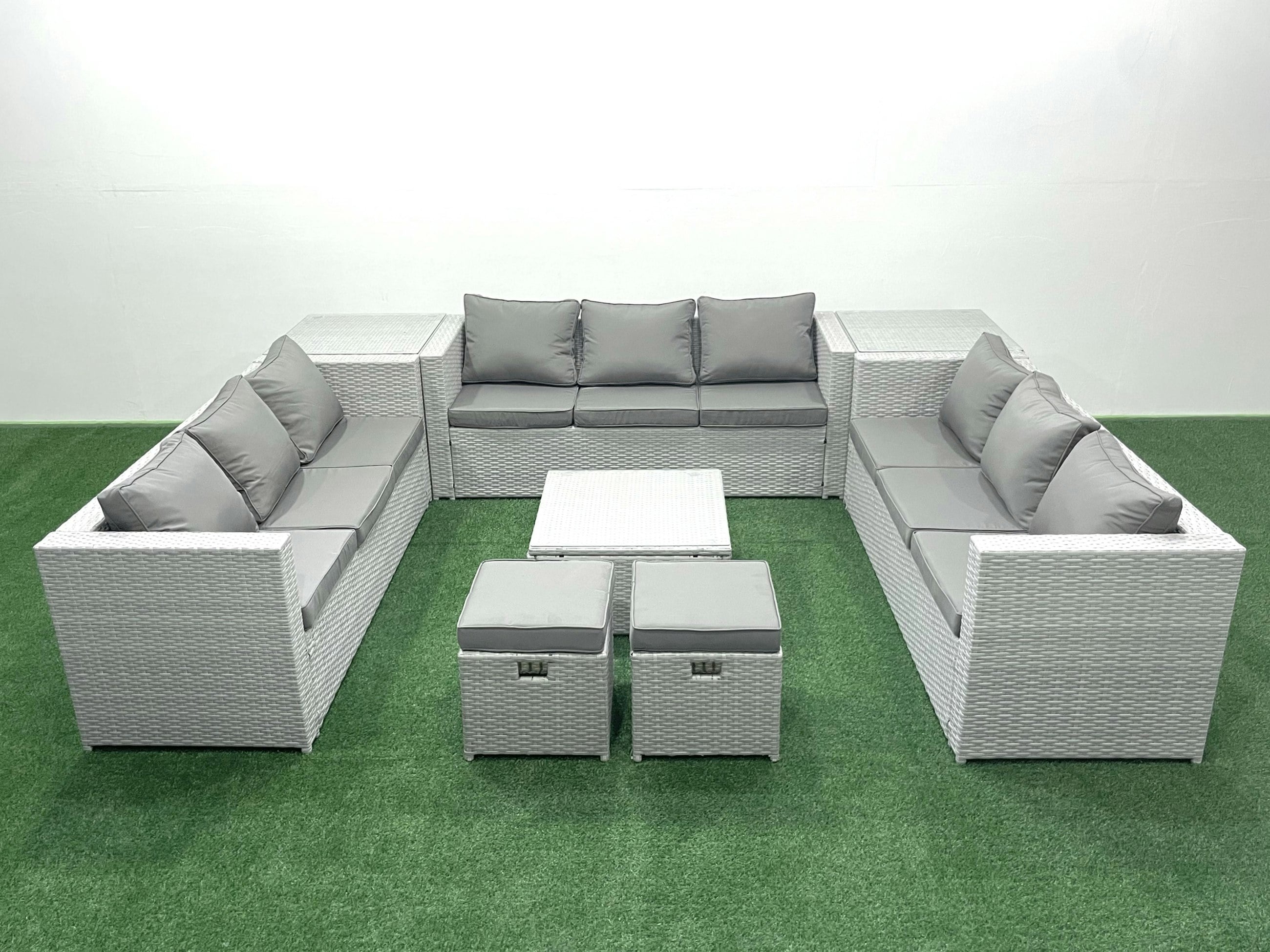 Fimous Light/Grey Rattan Garden Outdoor Furniture Set 11 Seater Rattan Garden Sofa Set With 2 Small Footstool 2 Side Tables Mixed