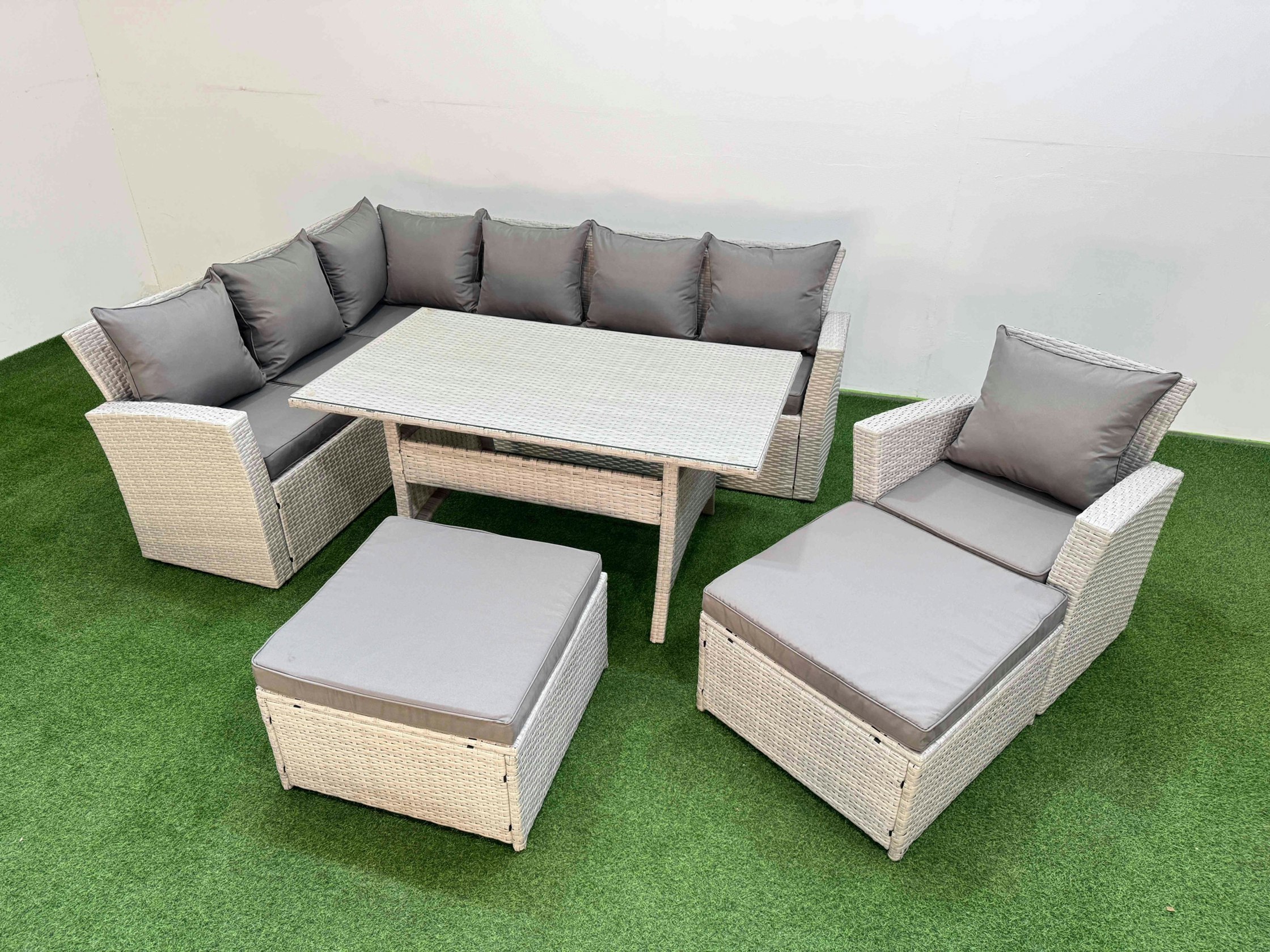 Fimous Light/Grey 9 Seater Rattan Garden Furniture Set Outdoor Patio Dining Corner Sofa Sets With Dining Table Chair 2 Big Footstools Mixed
