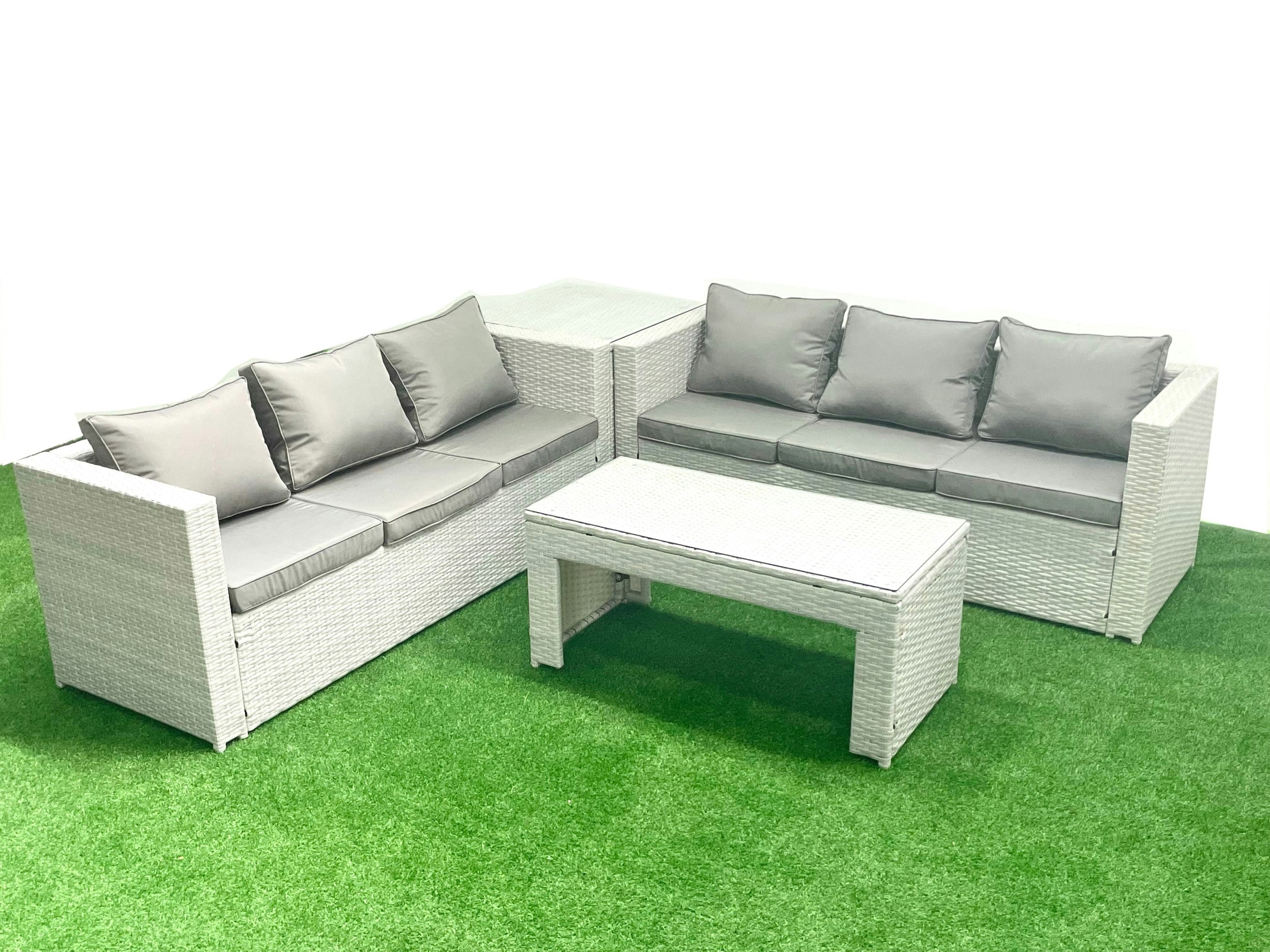 Rackhams Light/Grey 6 Seater Garden Outdoor Rattan Furniture Set Rattan Garden Sofa Oblong Coffee Table With Side Table Mixed