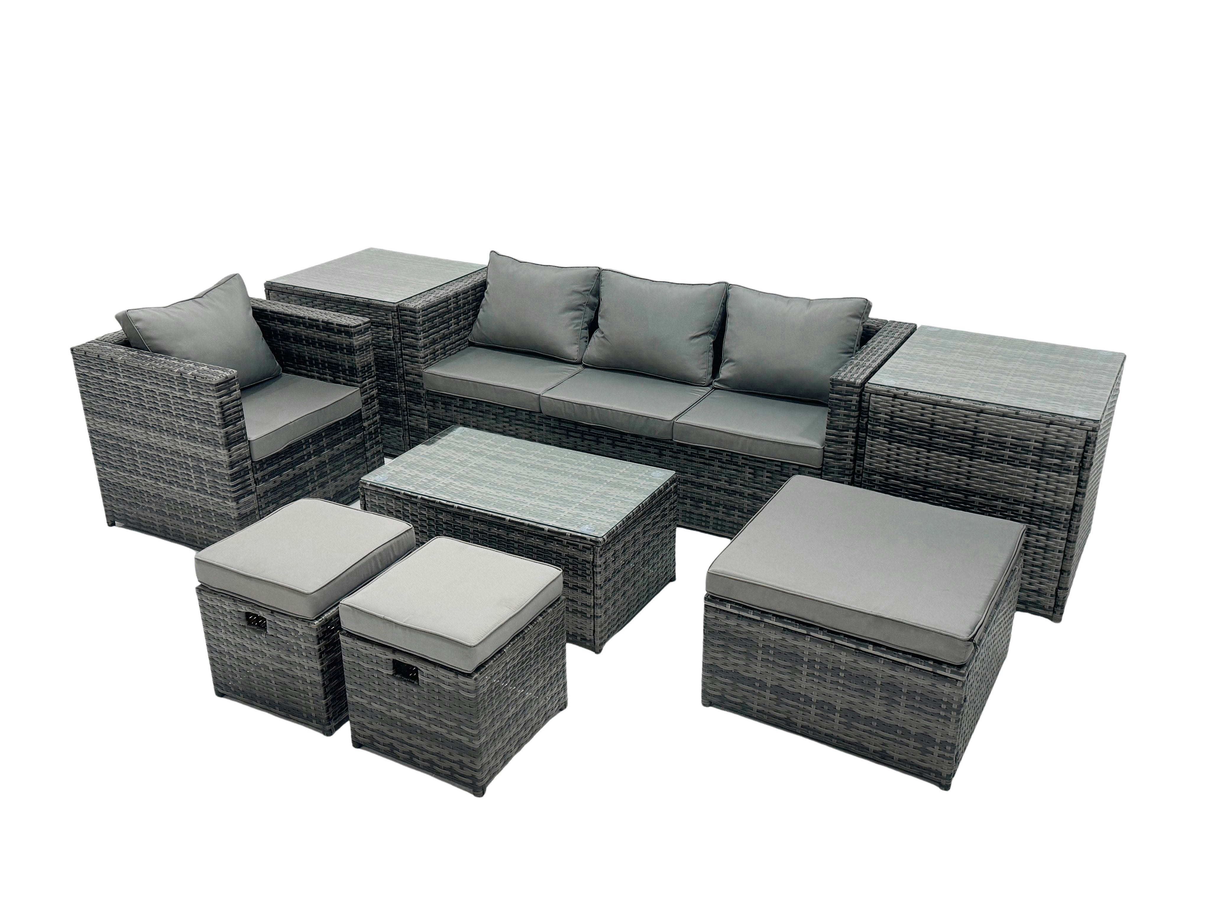 Rackhams Dark/Grey Outdoor Coffee Table Sofa Armchair Set With 2 Side Tables Big Stool 2 Small Footstools Garden Furniture Set Mixed