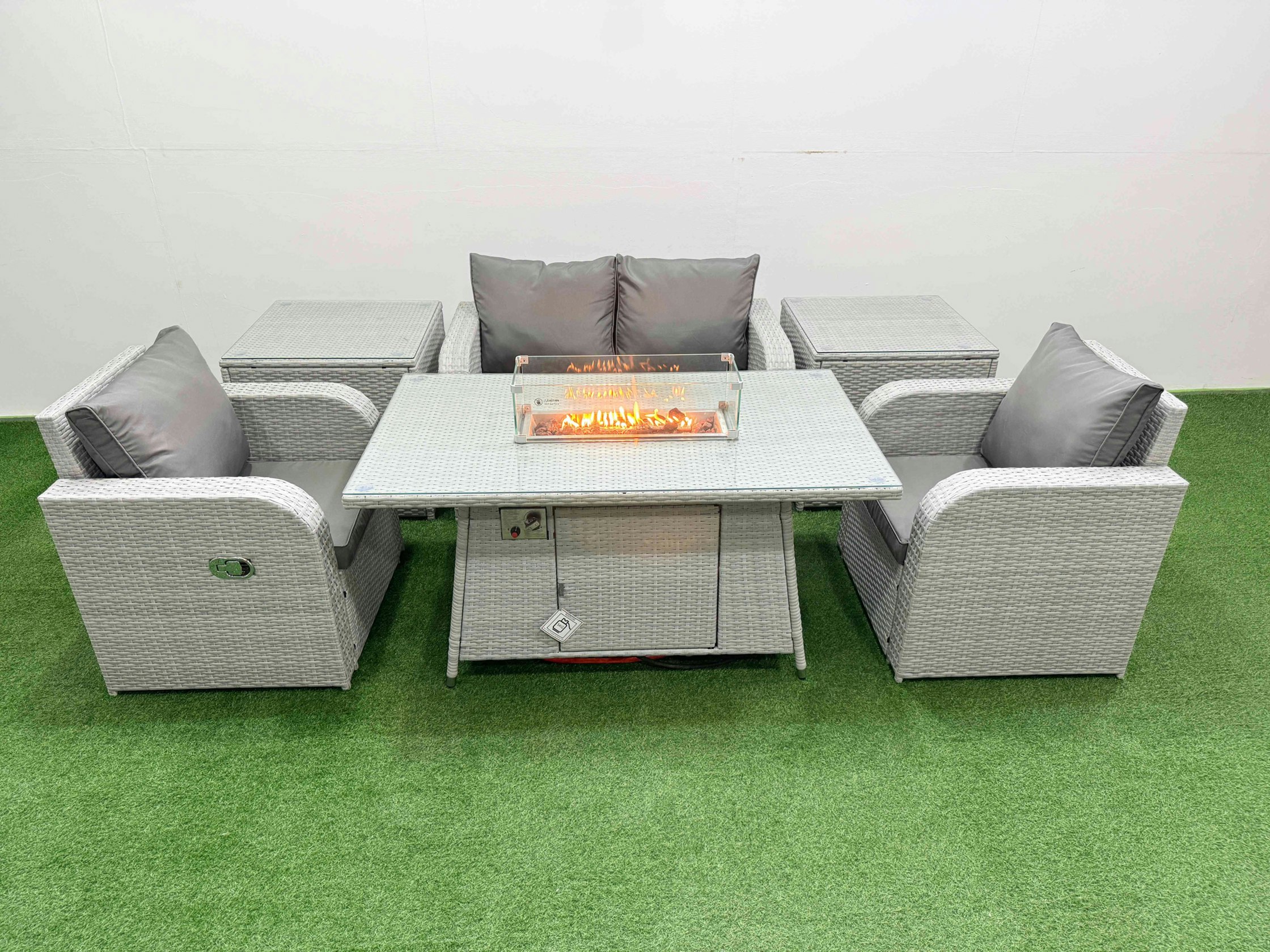 Rackhams Light/Grey Pe Wicker Rattan Garden Furniture Set Sofa Set Reclining Chair Fire Pit Dining Table 4 Seater With 2 Side Table