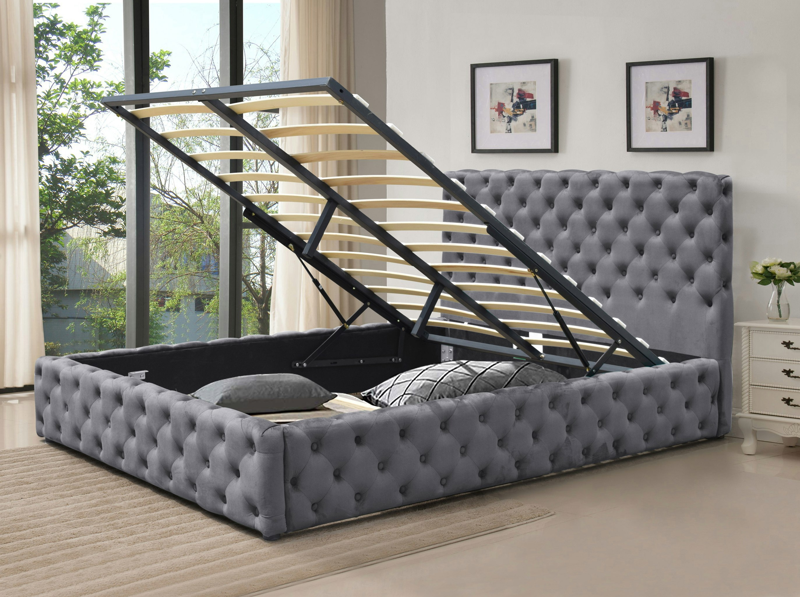 Comfy Living Grey/Green Tufted Fabric Gas Lift Ottoman Bed Frame, 3Ft, 4Ft6, Or 5Ft Bedroom - Double