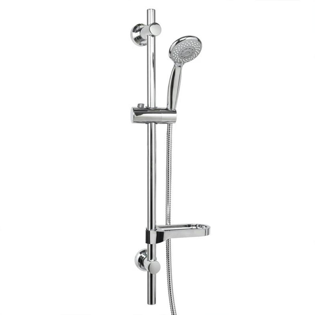 Rackhams Silver Adjustable Shower Slider Rail Riser Kit With Soap Holder Hose And Shower Head Set - Steel