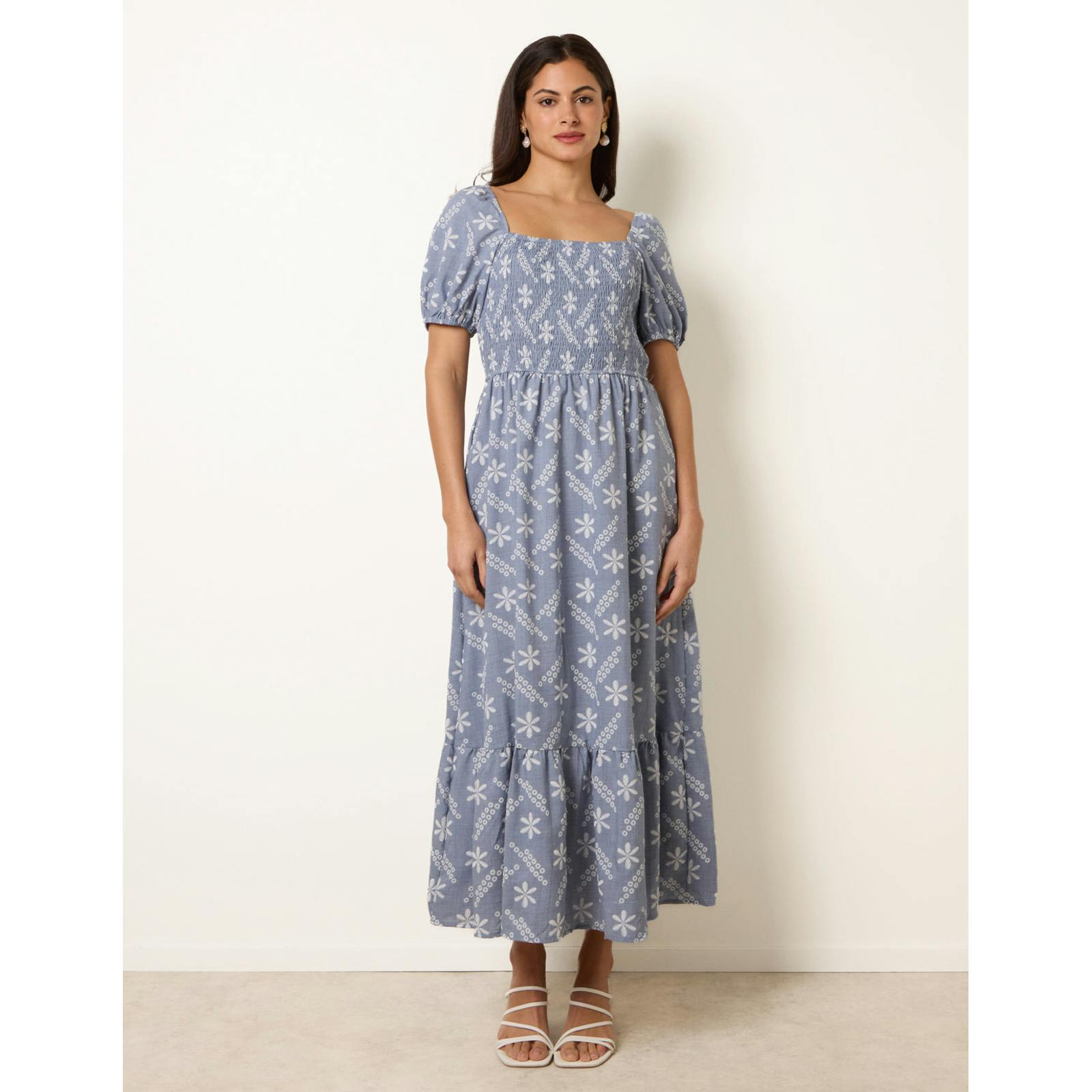 Blue Vanilla Embroidery Puff Sleeve Midi Dress - S-M