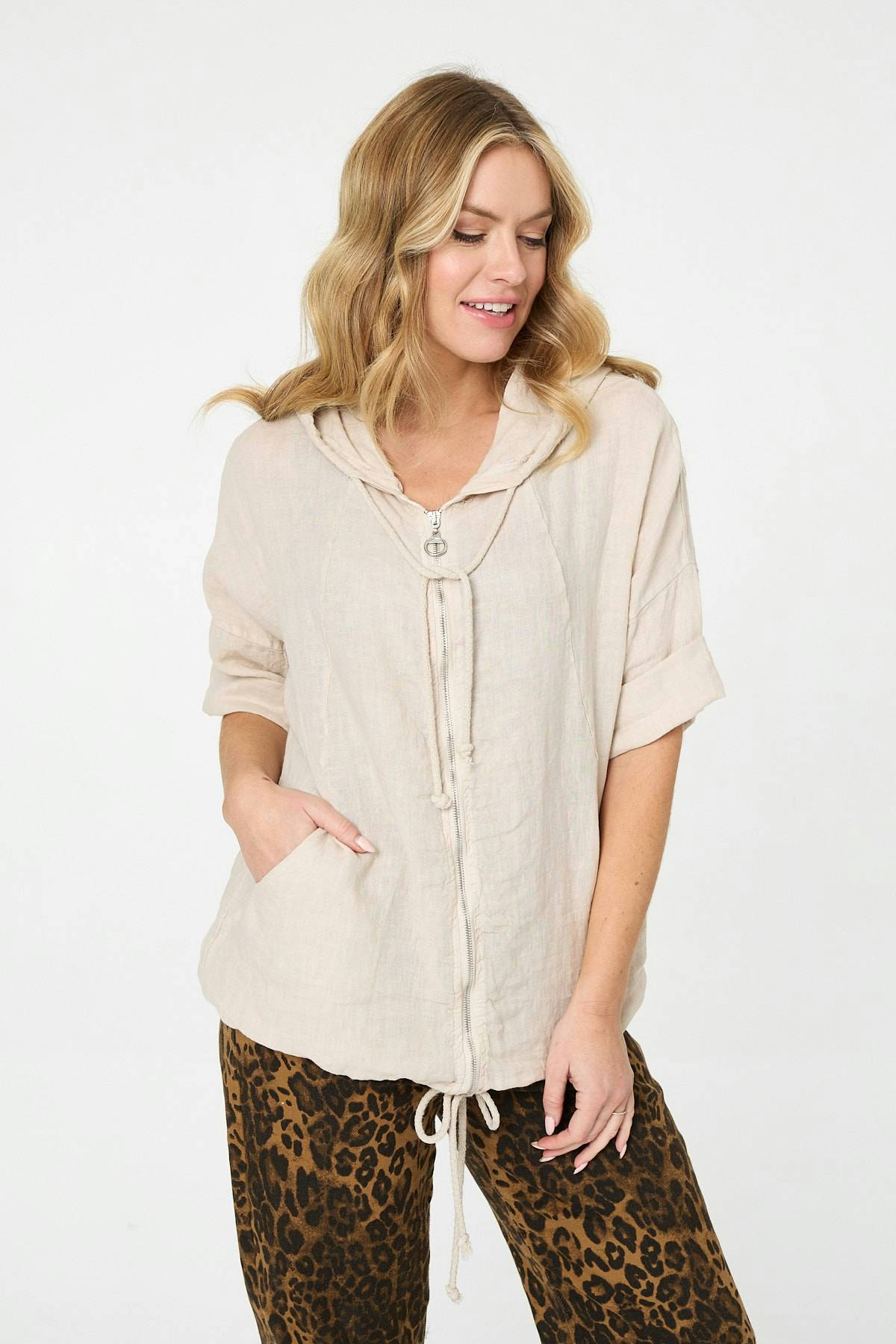 Izabel London Beige Zip Front Drawstring Hooded Parka Jacket - 10