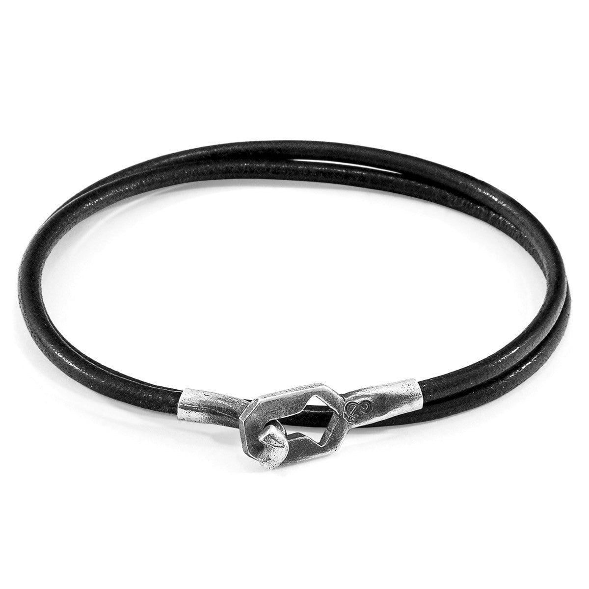 Anchor & Crew Black/Silver Raven Tenby And Round Leather Bracelet - M - 21Cm (Most Popular)