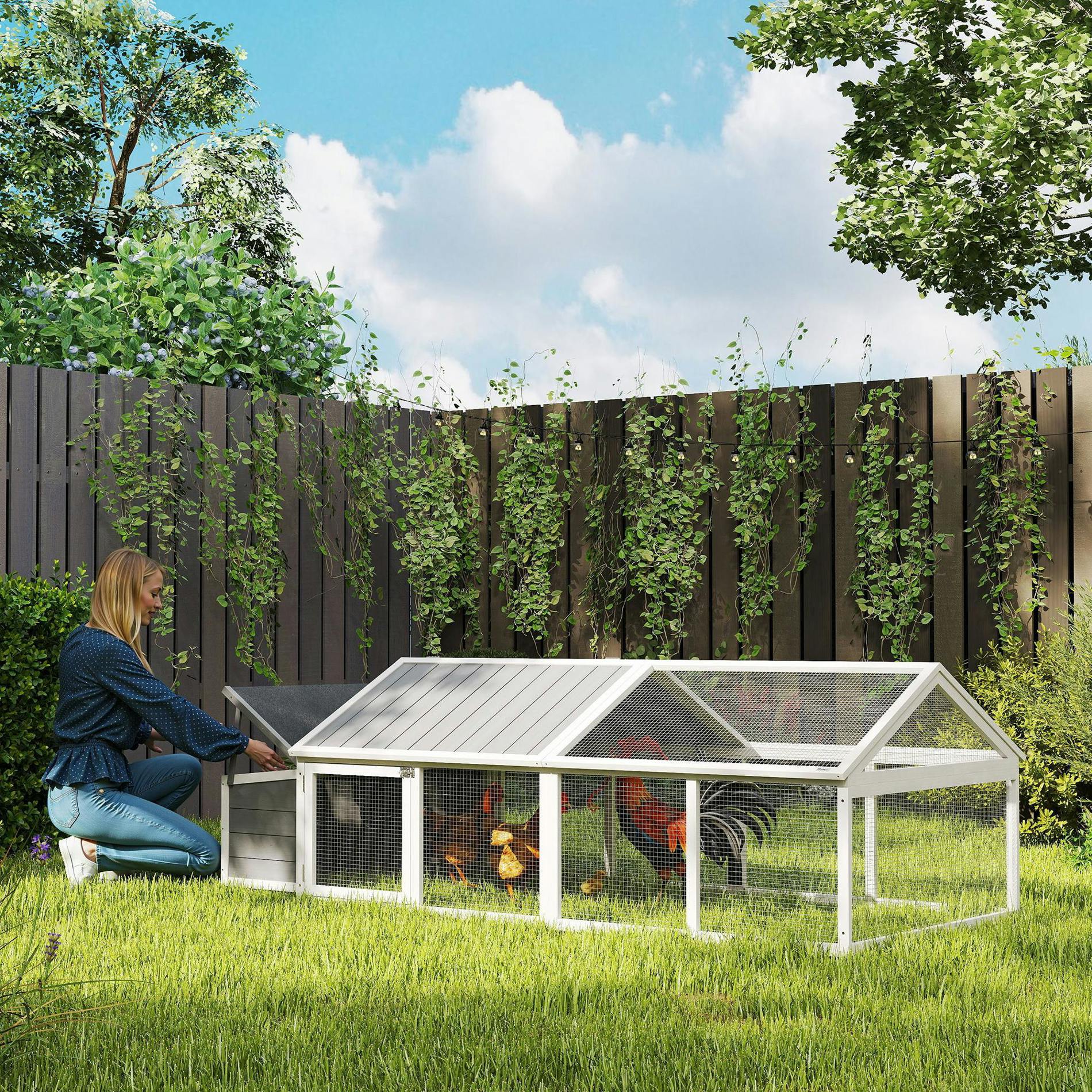 Pawhut White Wooden Chicken Run With Nesting Box, Openable Roof, For 4-8 Chickens - Image 5