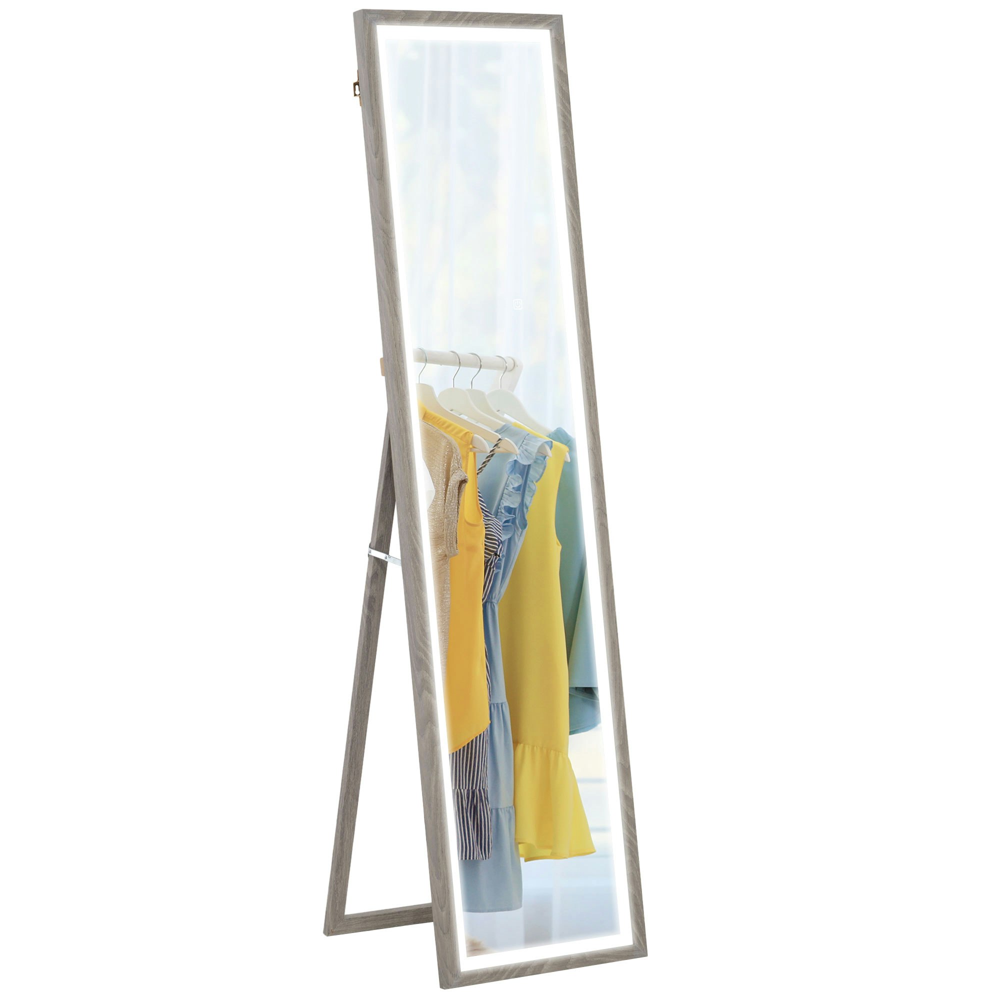 Homcom Grey Dimming Full Length Mirror W/ Lights Standing Leaning Wall Mount Oak