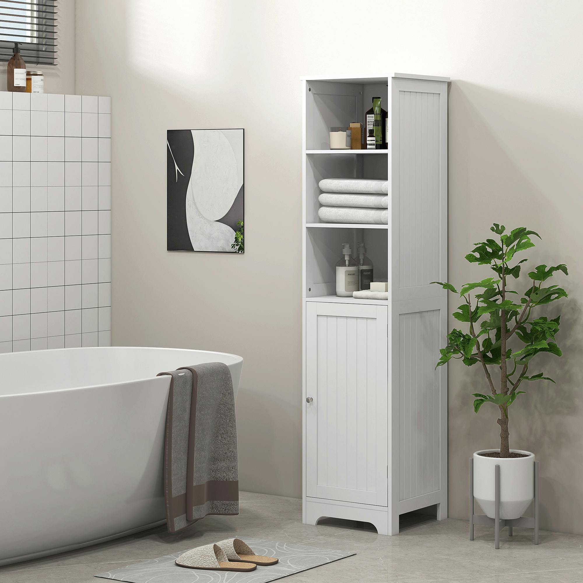 Rackhams White Freestanding Bathroom Tall Cabinet With Adjustable Shelf, - Tall Bathroom Cabinet - Mdf