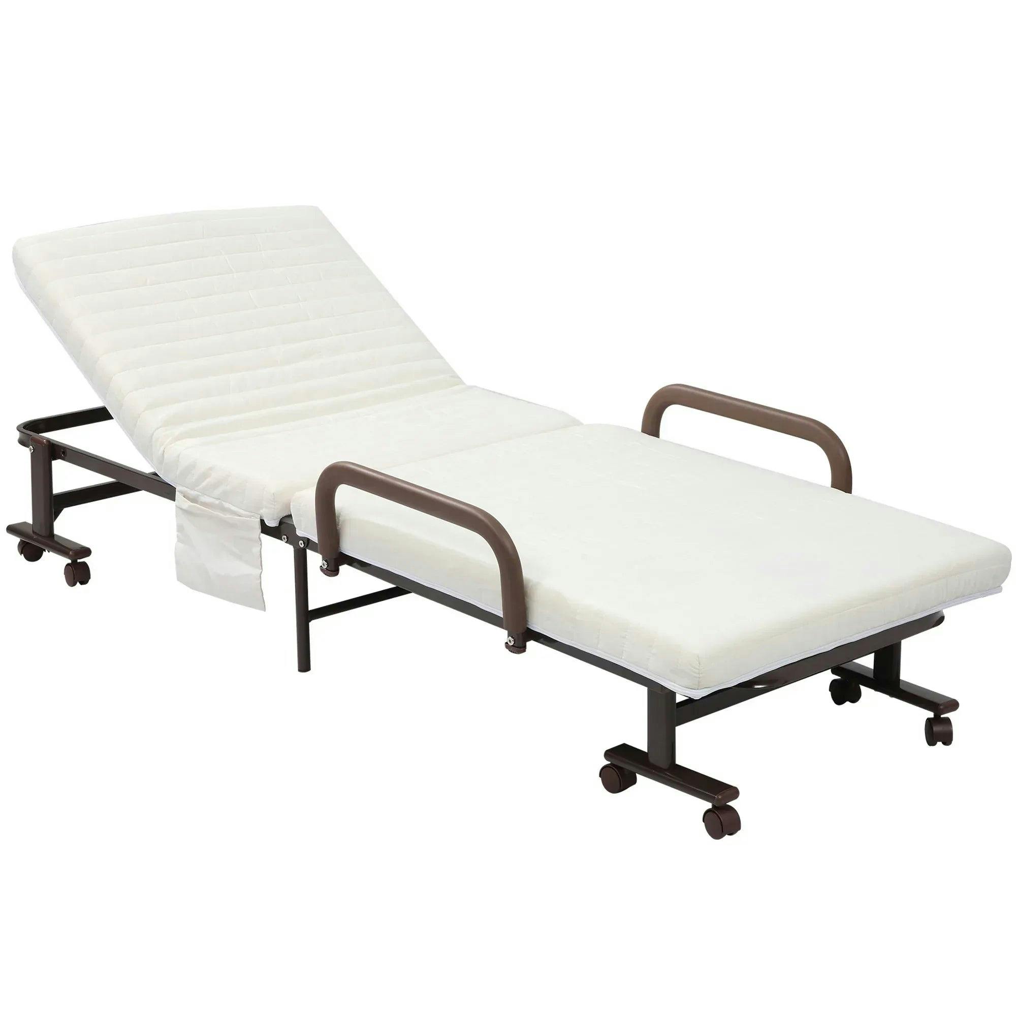 HOMCOM Folding Bed with Mattress and Wheels - Brown - 190x76x33cm - Steel Frame - Image 7