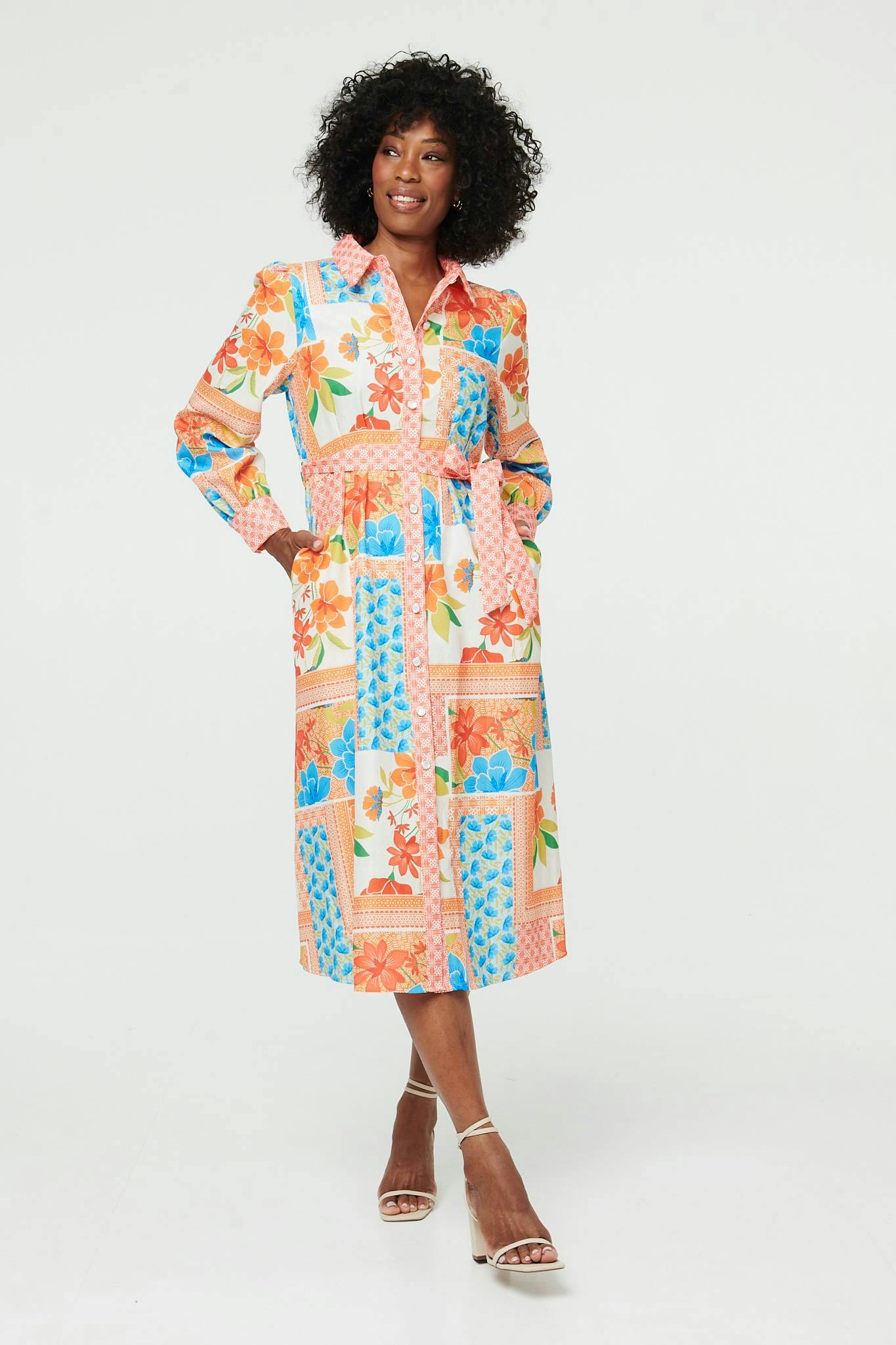 Izabel London Orange Patchwork Tie Waist Midi Shirt Dress - 18