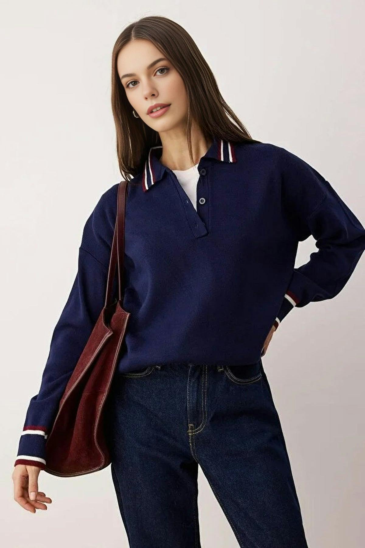 Wovcor Color Blocked Polo Collar Knit Sweater - Navy - Xs