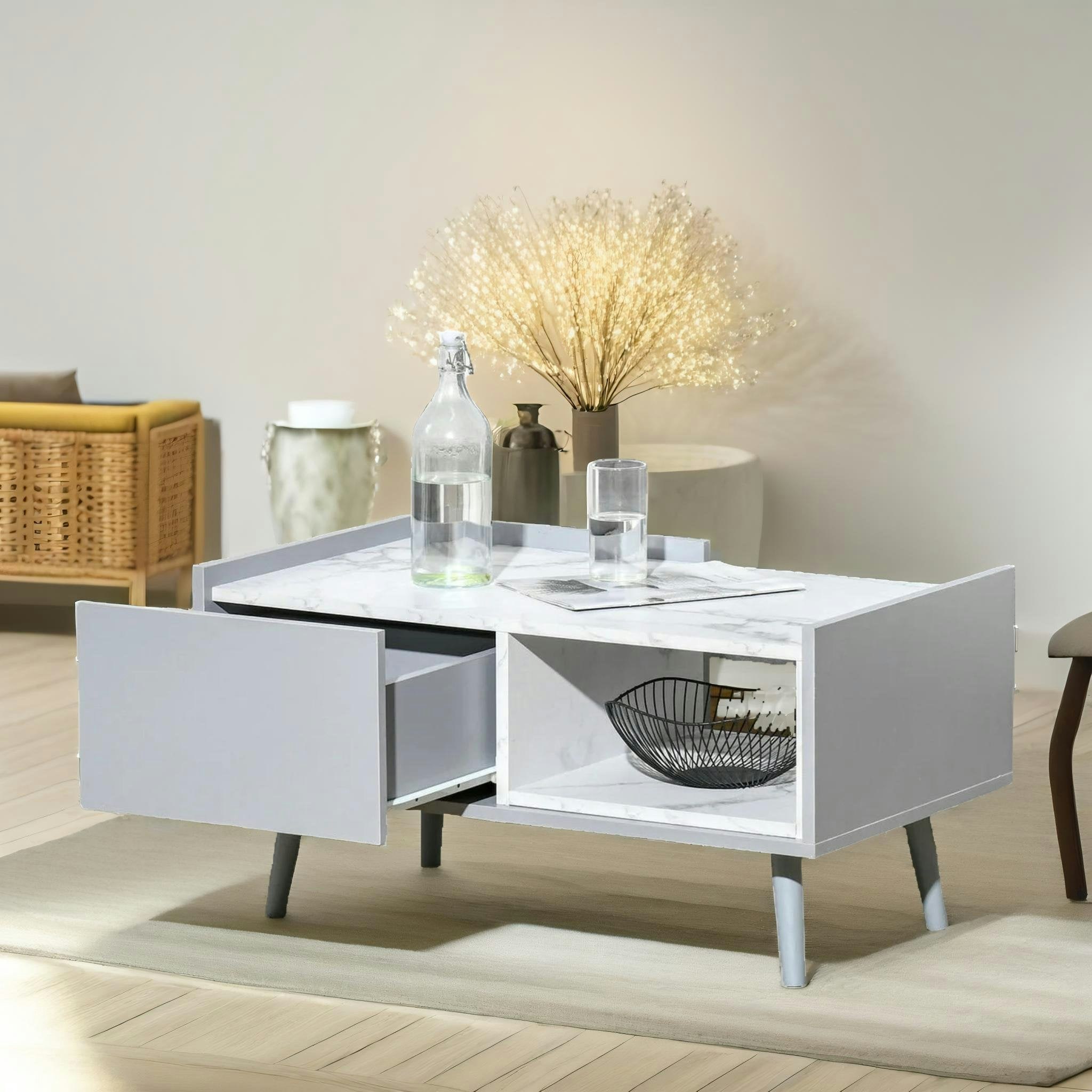 Rackhams Grey Faux Marble Coffee Table With Storage Shelf And Drawer