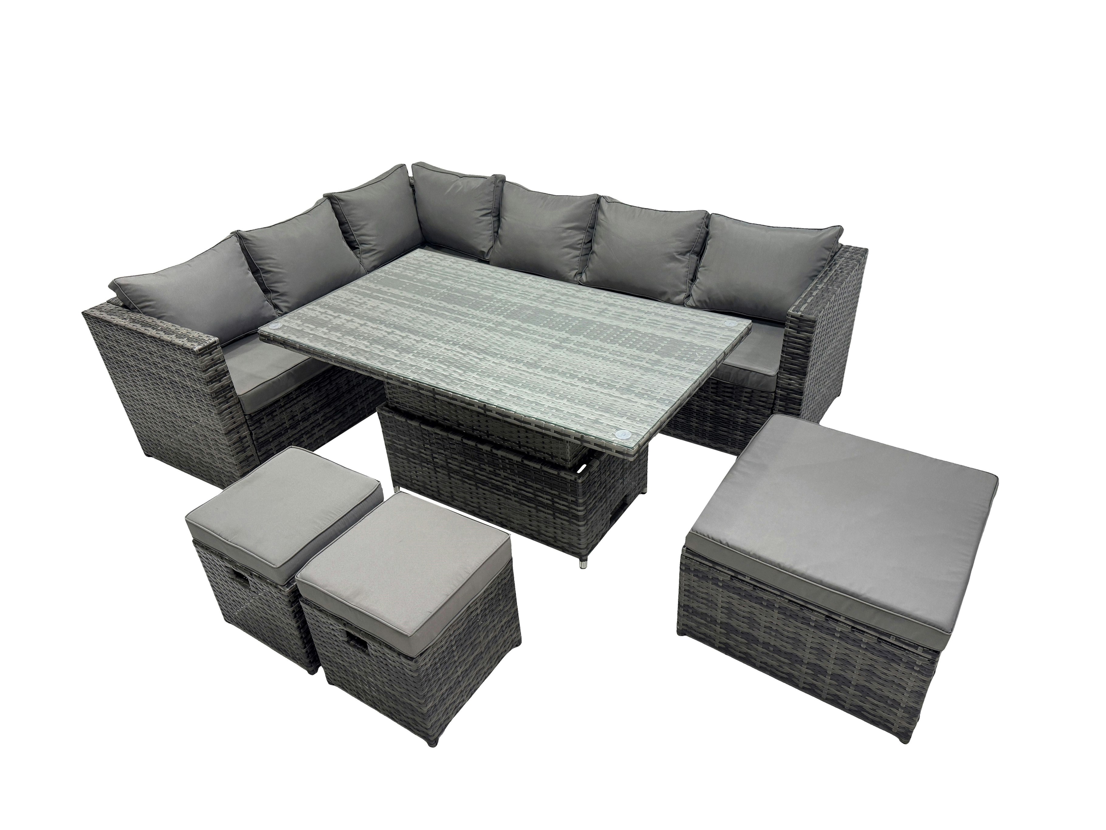 Fimous Dark/Grey 9 Seater Height Adjustable Rising Lifting Table Corner Sofa Set Rattan Garden Furniture Dining Set With 3 Stools Mixed