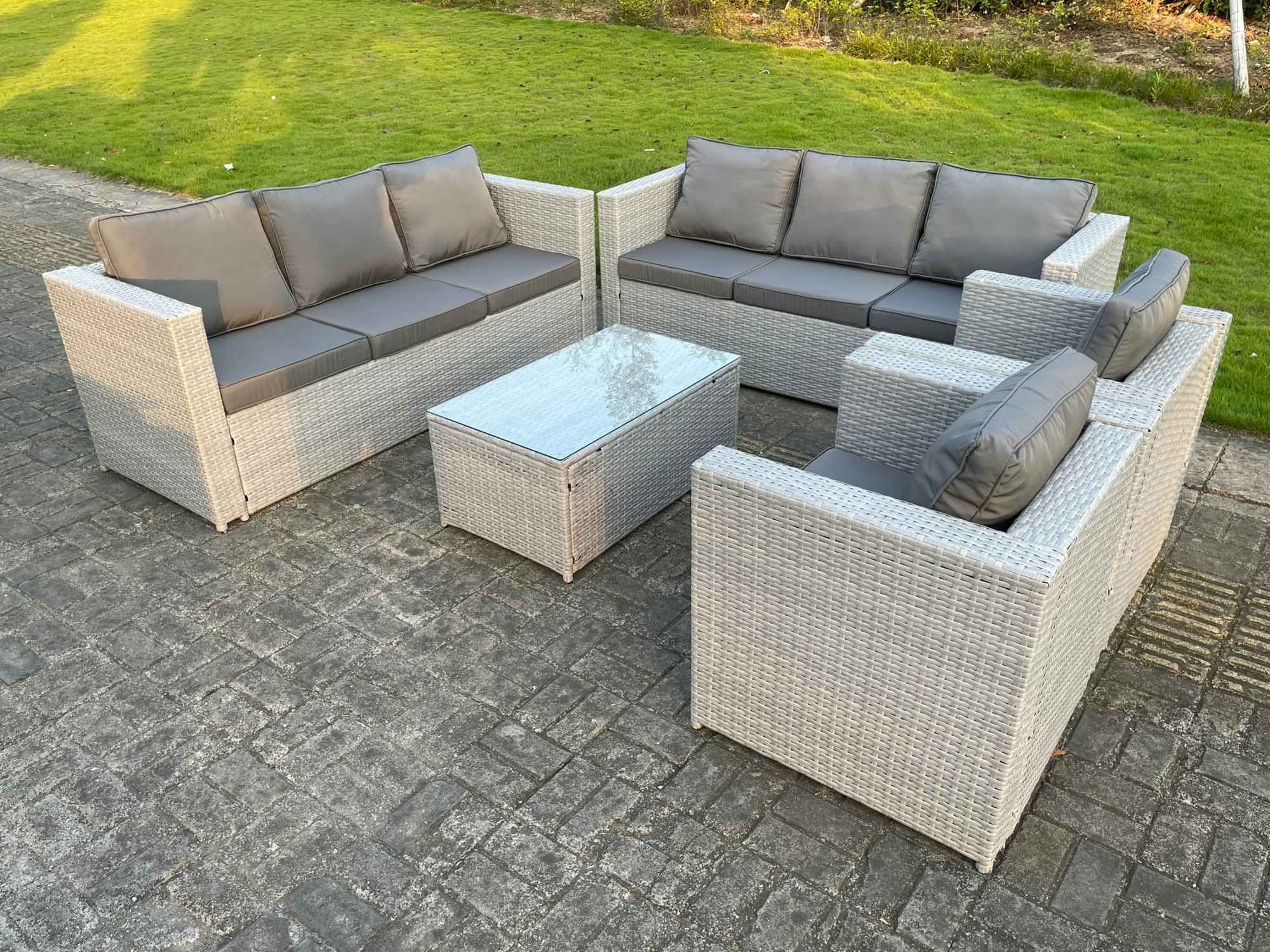 Fimous Light/Grey Outdoor Pe Rattan Garden Furniture Set Wicker Sofa Set Oblong Coffee Table 2 Armchair