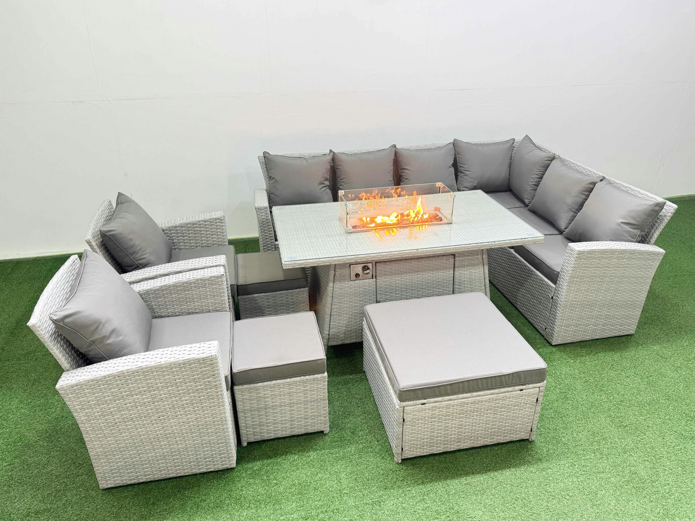 Fimous Light/Grey Rattan Corner Sofa Chair Set Outdoor Furniture Garden Dining Set Gas Fire Pit Table With Temper Glass 3 Footstools Mixed