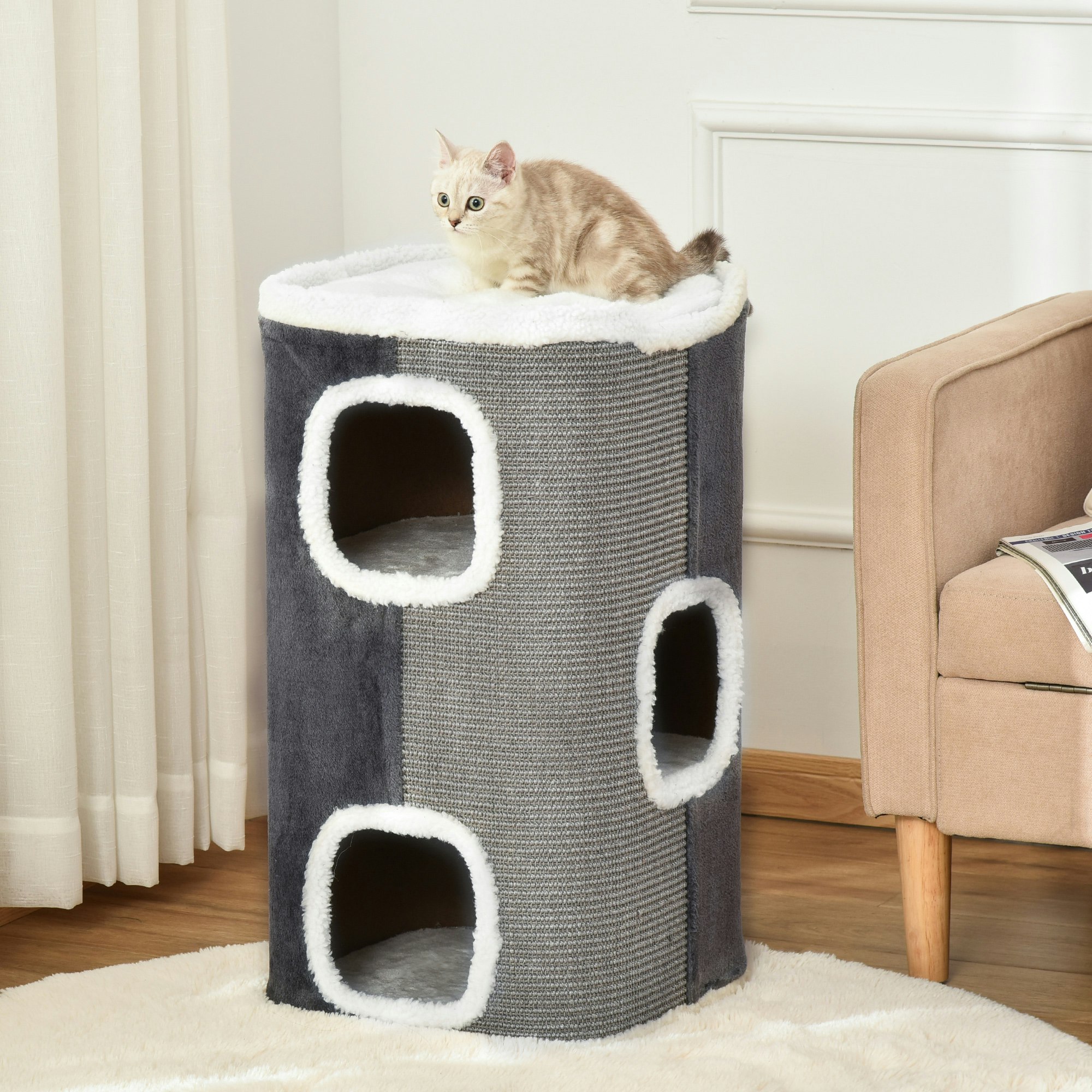 Pawhut Grey Cat Barrel Kitten Tree Tower Sisal Scratching Furniture Climbing Frame - Particleboard, Short Plush, Sisal, Lamb Fleece - 1