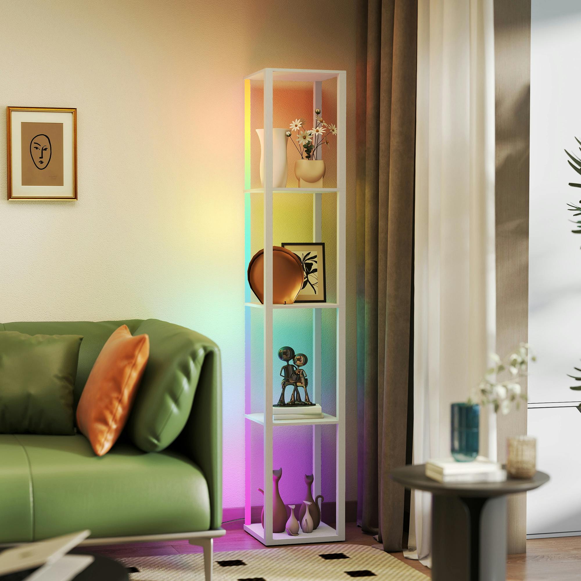 Rackhams Light Rgb Led Floor Lamp With Shelves And Remote Control For Bedroom, Oak - Oak