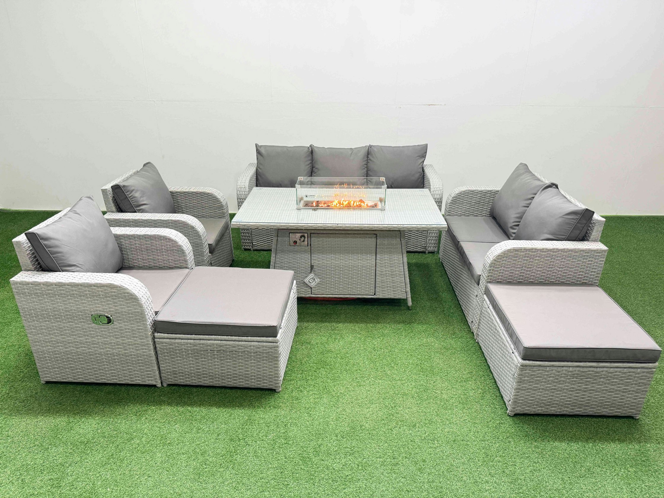 Rackhams Light/Grey Pe Rattan Garden Furniture Set Reclining Chair Sofa Double Love Seat 2 Seater Sofa Lounge Set Fire Pit Dining Table 2 Big Footstool