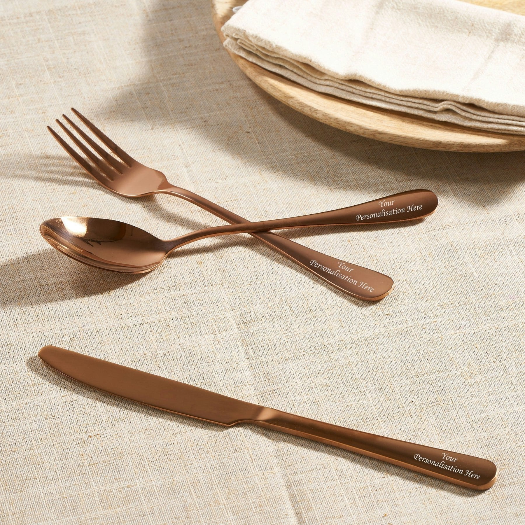 Rackhams Gold Personalised Stainless Steel 3 Piece Cutlery Set - Rose - No