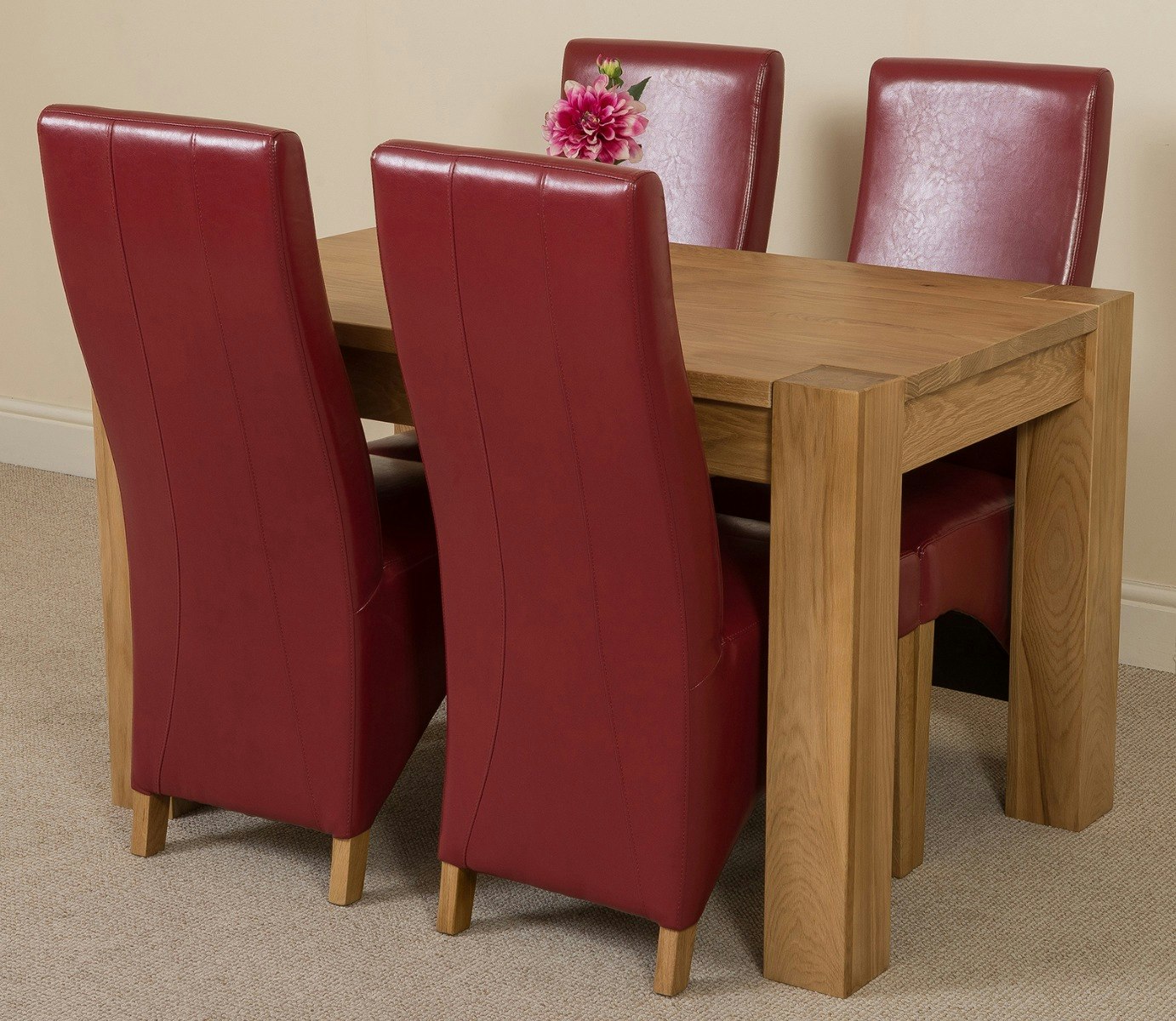 Rackhams Burgundy Kuba Oak Dining Table With Lola Leather Chairs - 4 Chairs 125X80x77cm
