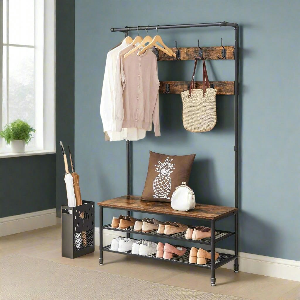 Modcraft White Large Hall Tree Coat Rack With Bench And Shoe Rack