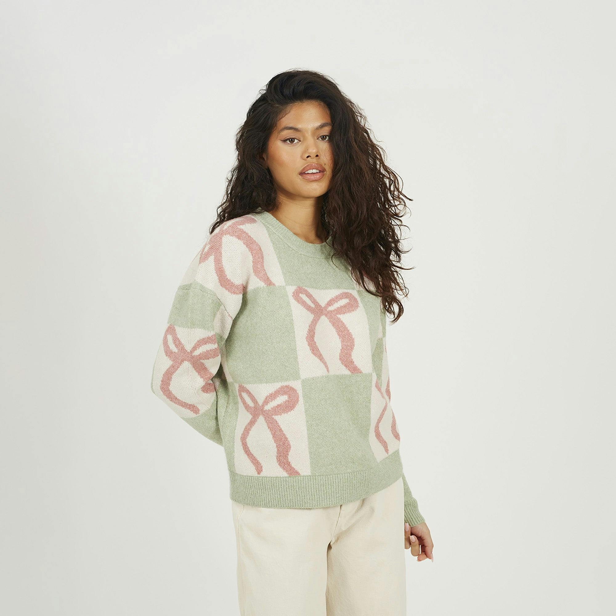 Brave Soul Green Bow Jacquard Knit Jumper - Pale - Pale - L