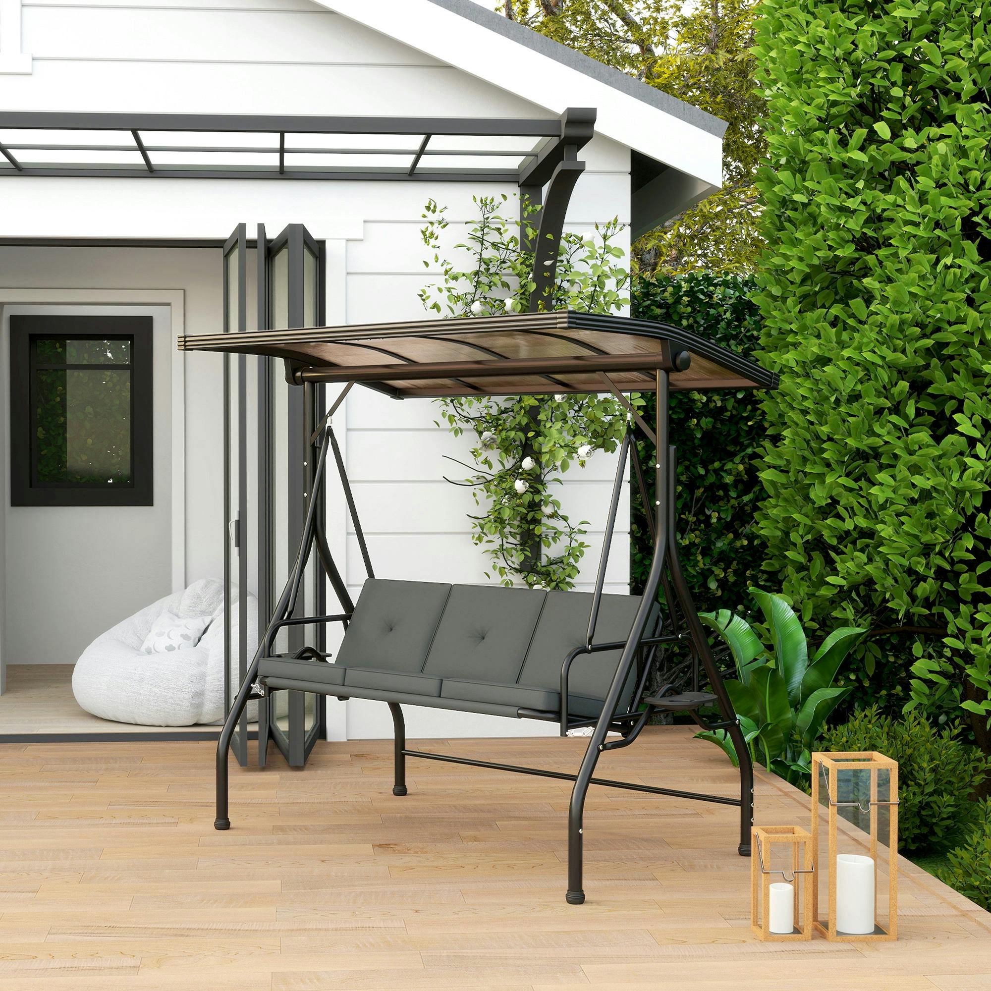 Rackhams Black/Dark/Grey 3 Seater Garden Swing Seat Bed, Convertible Swing Chair, - 1 - Garden Swing Seat