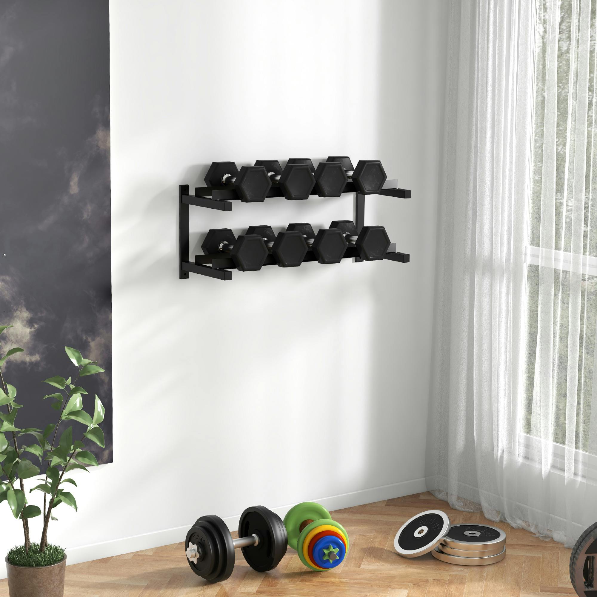 Sportnow Black Wall-Mounted Dumbbell Rack, 2-Tier Steel Design