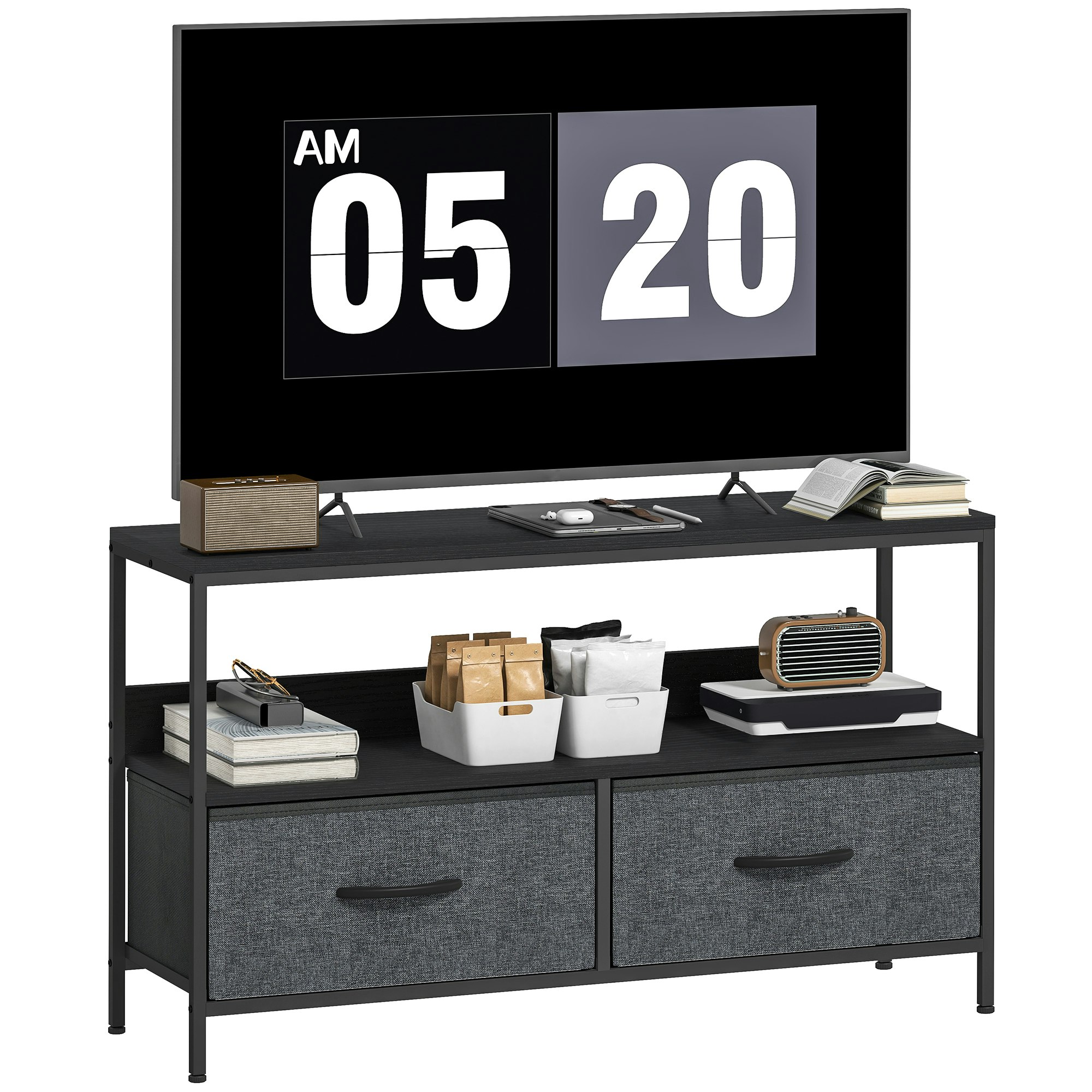 Rackhams Black Tv Cabinet, Tv Console Unit With Foldable Linen Drawers Size 2