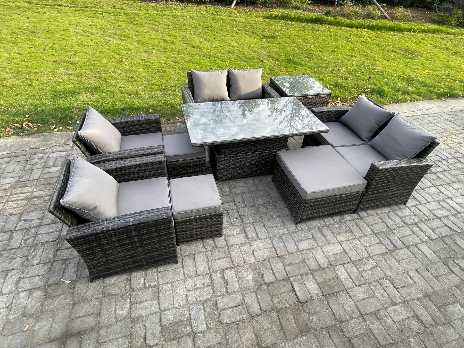 Fimous Dark/Grey Outdoor Garden Furniture Sets 9 Pieces Wicker Rattan Furniture Sofa Dining Table Set With 3 Footstools Side Table Mixed
