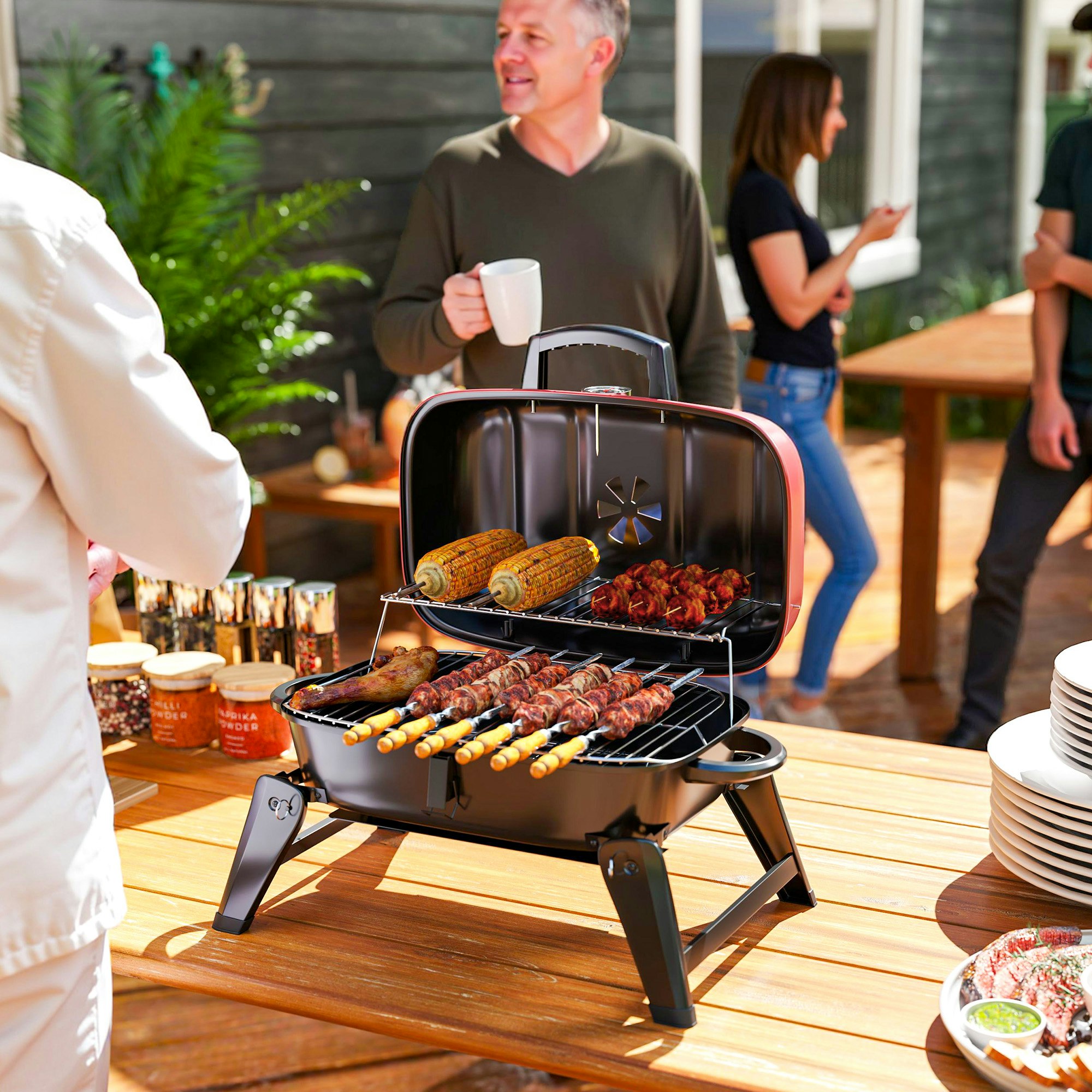 Rackhams Black/Red Folding Charcoal Barbecue Grill, Portable Bbq For Camping, - Steel - 59L X 37W X 36H Cm