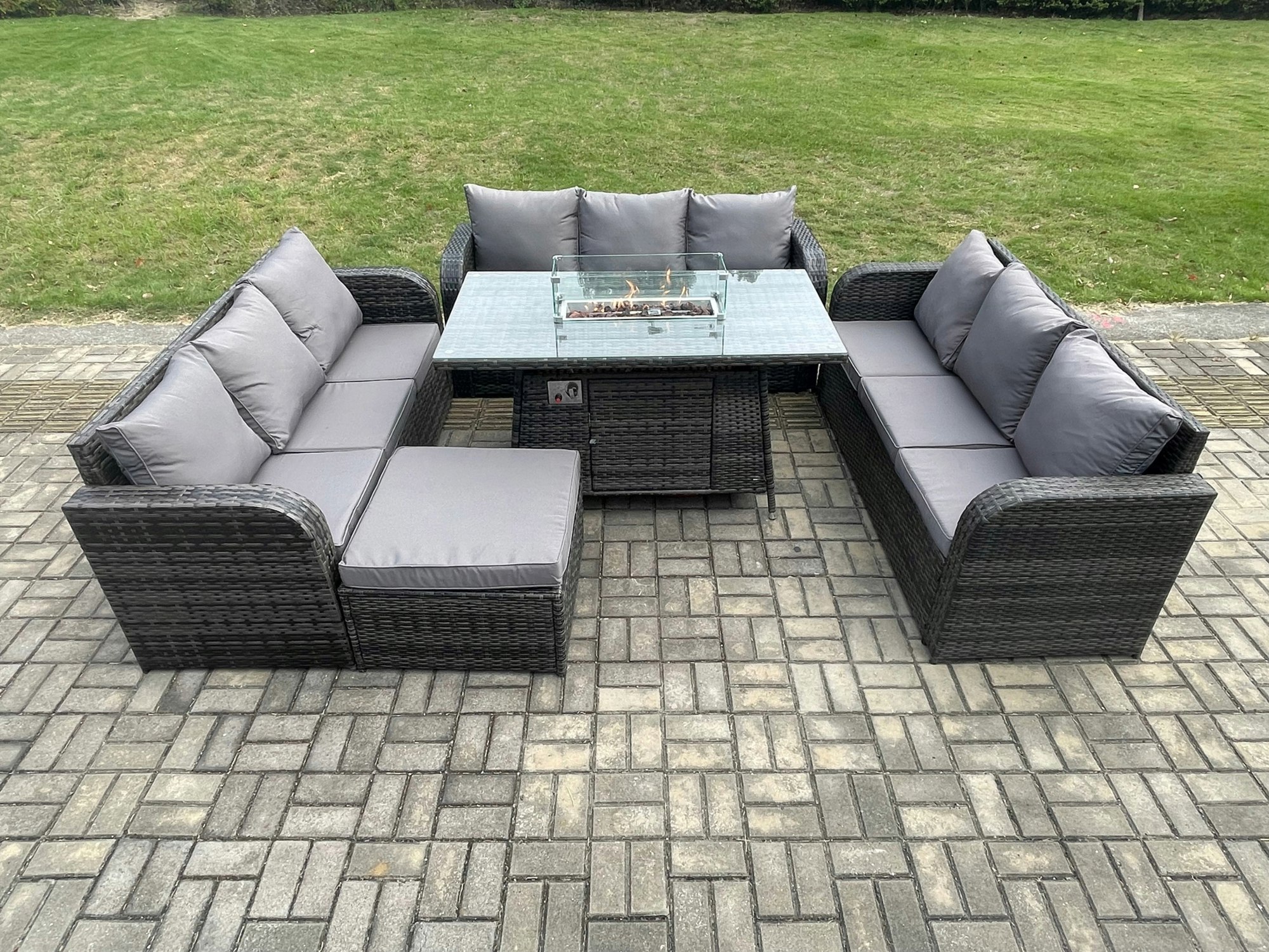 Rackhams Rattan Furniture Garden Dining Set Gas Fire Pit Table With 3 Seater Sofa Footstool Dark Grey Mixed