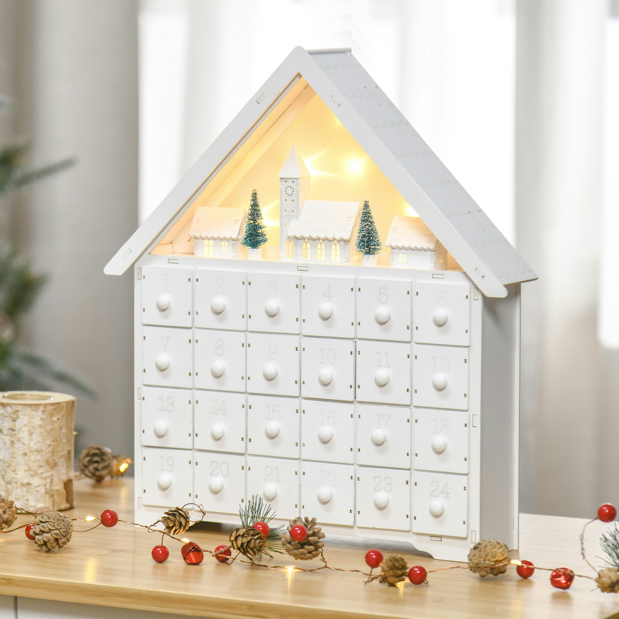 Homcom Unisex White 24 Drawer Wooden Christmas Advent Calendar Wooden Light Up Holiday In - Image 2