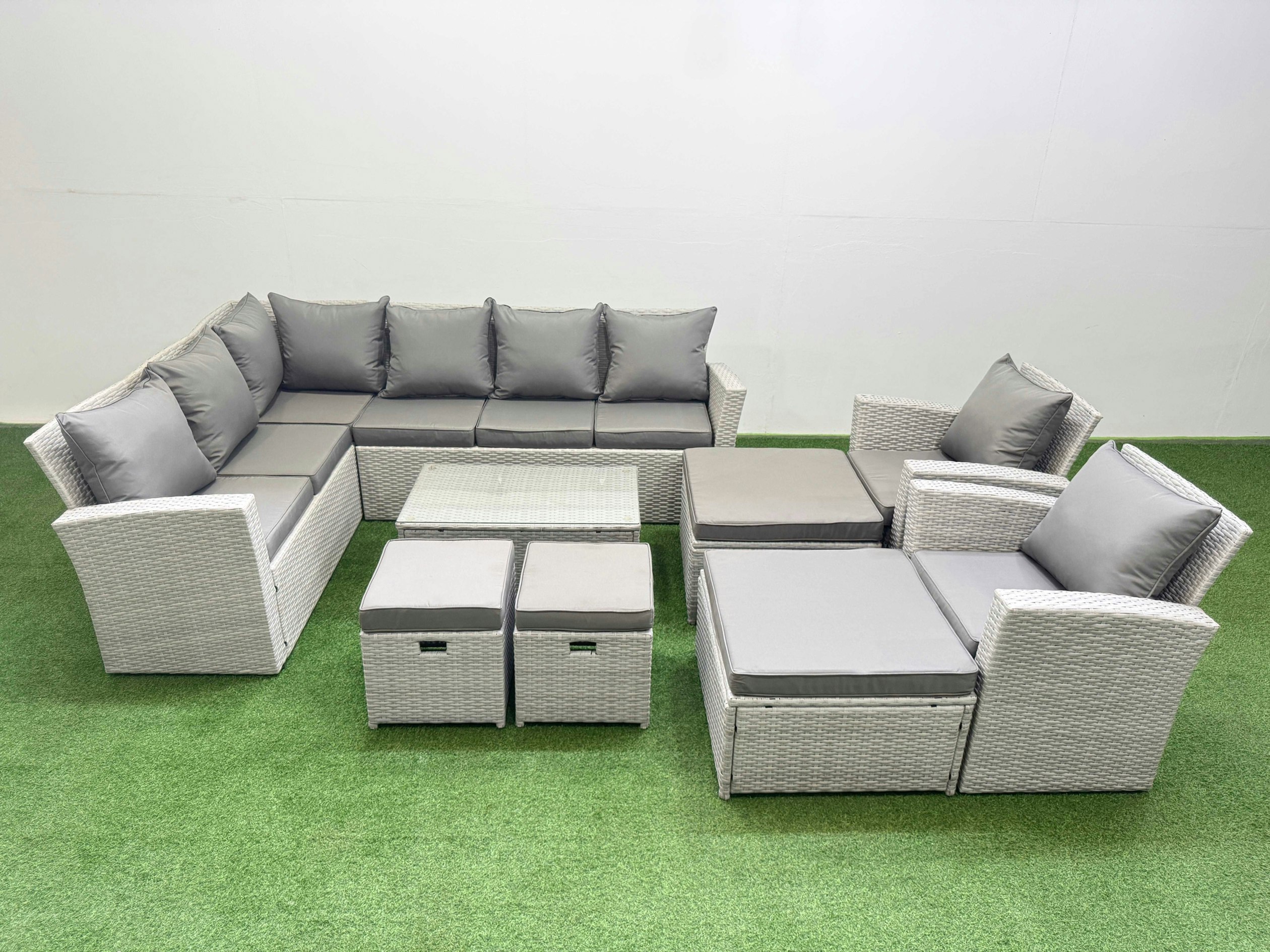 Rackhams Light/Grey 12 Seater Garden Outdoor Pe Rattan Furniture Set Rattan Garden Sofa Set With 4 Footstools 2 Chair Mixed