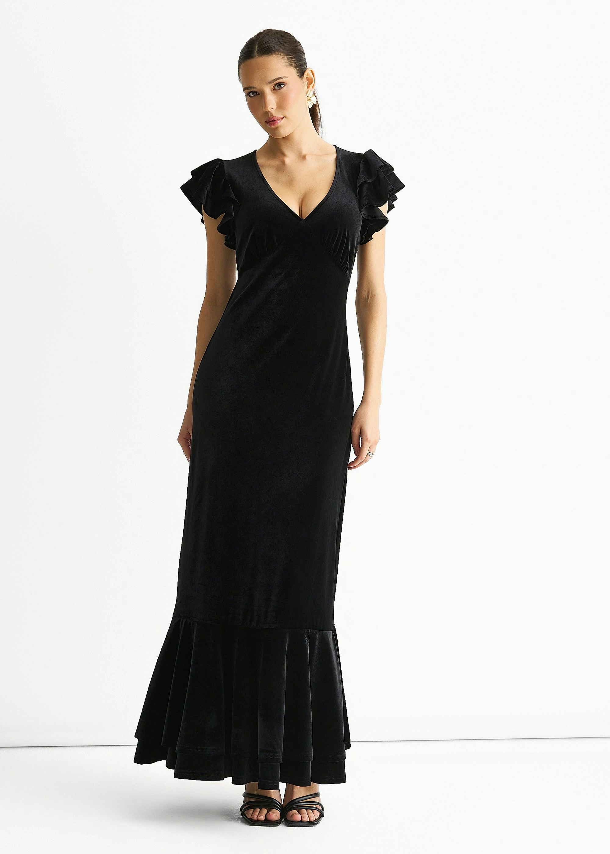 Gini London Black V Neck Ruffle Sleeves Velvet Occasion Maxi Dress - Uk 16 / Us 12 / Eu 44