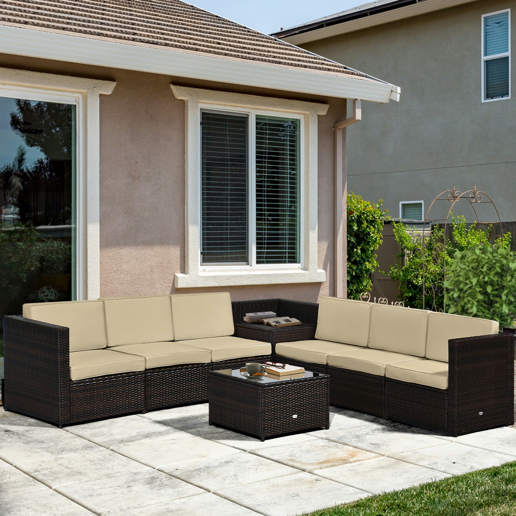 Rackhams Dark/Brown 8Pcs Patio Rattan Sofa Set Garden Furniture Side Table - Steel, Pe Rattan, Polyester - 58Cm X 58Cm X 37Cm