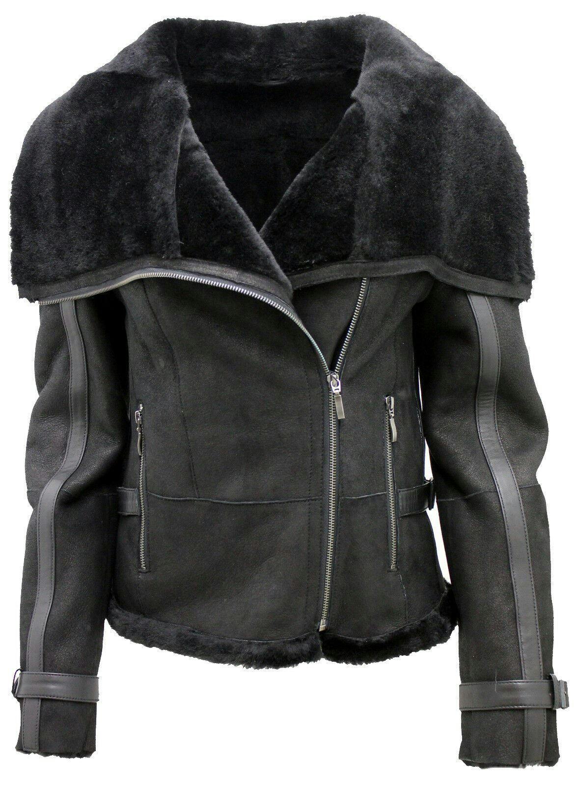 Infinity Leather Women's Black Merino Sheepskin Aviator Leather Jacket-Asmara - Uk S/10 | Eu 36 | Us 6