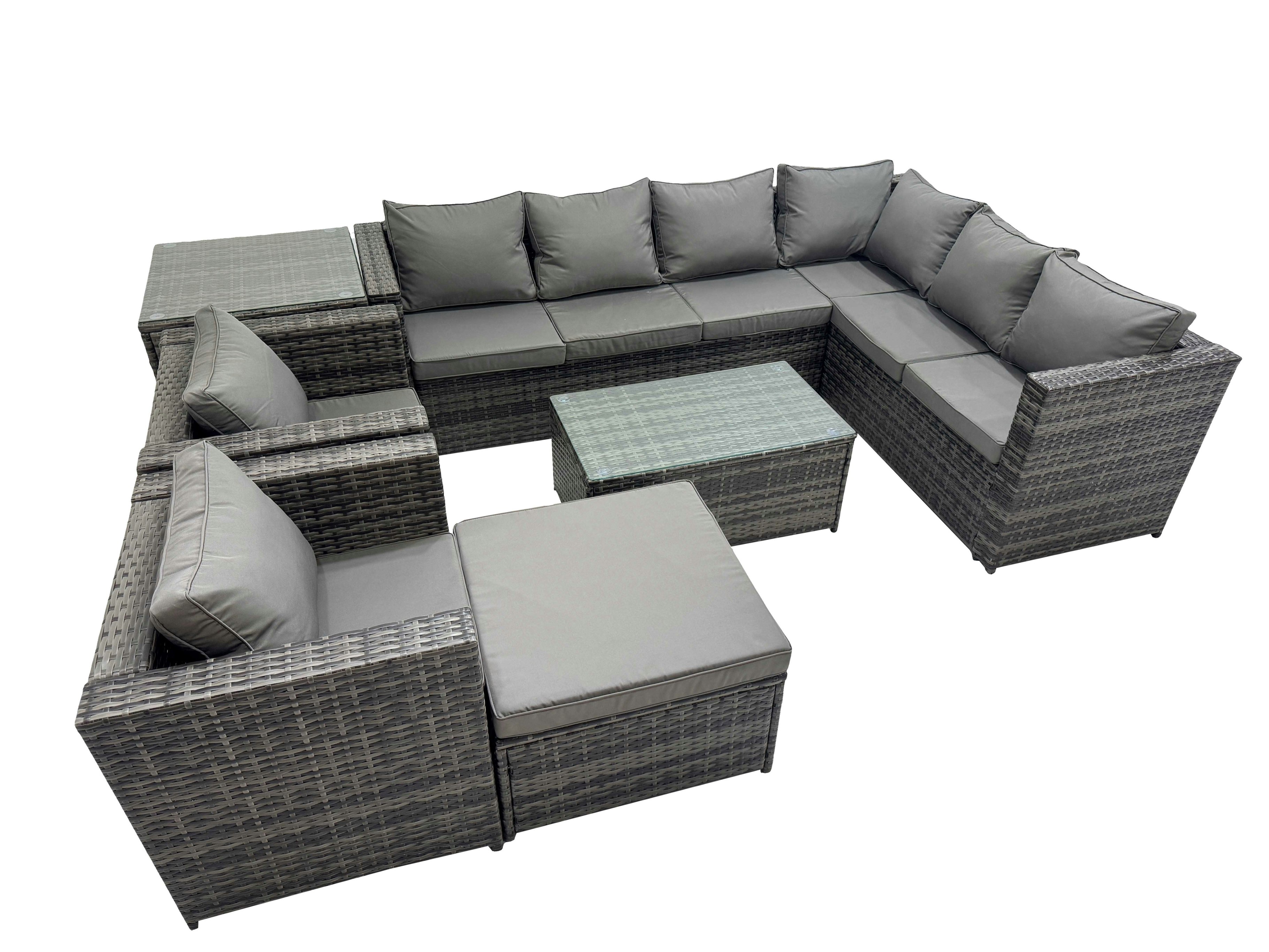 Fimous Dark/Grey Patio Sofa Oblong Coffee Table Set Rattan Garden Furniture Set With 2 Chairs Big Stool Side Table Mixed