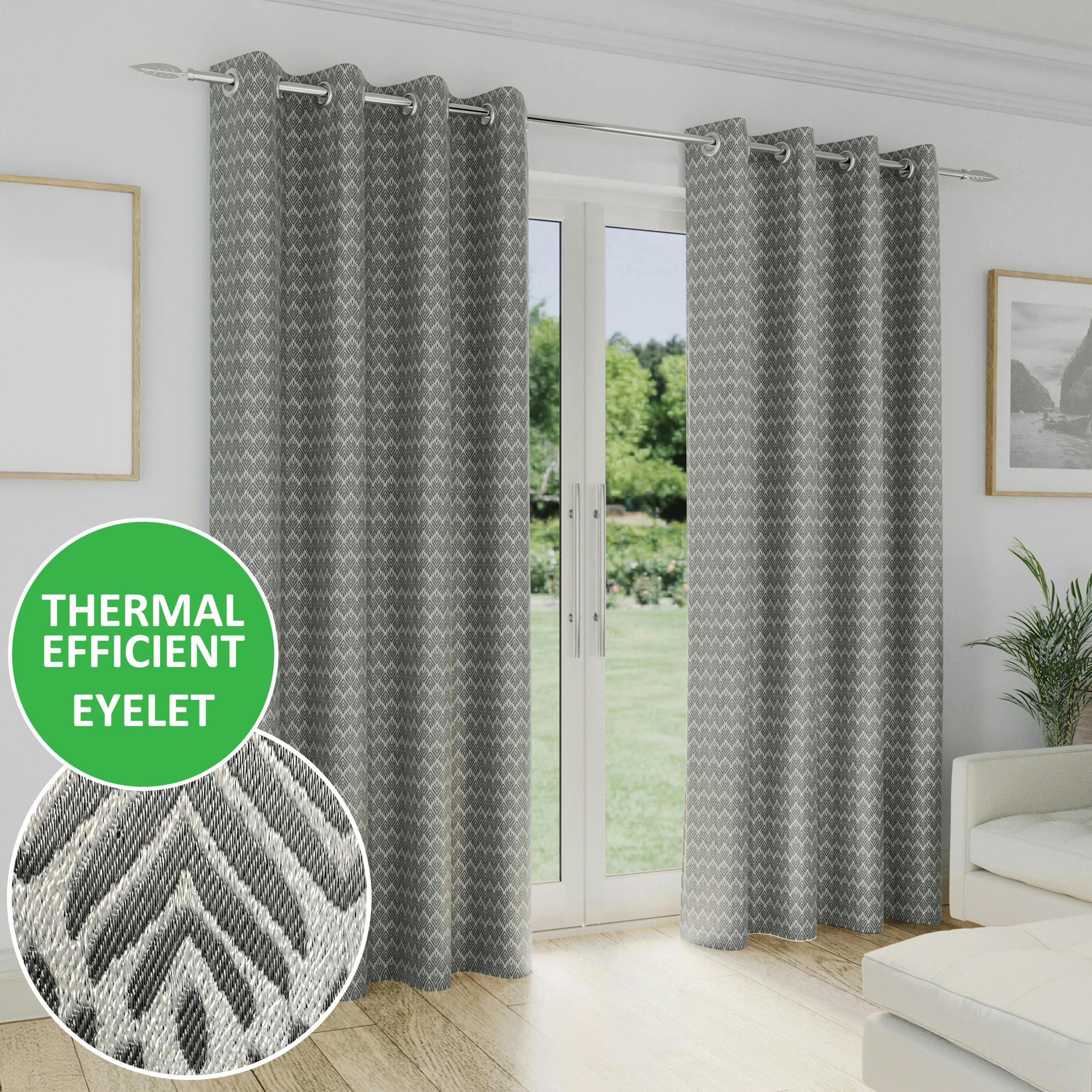 Rackhams Grey Geometric Leaf Pattern Room Darkening Thermal Energy Saving Pair Of Curtains With Eyelet Header For Living Room & Bedrooms - 46" (117Cm) Width X 54" (137Cm) Drop