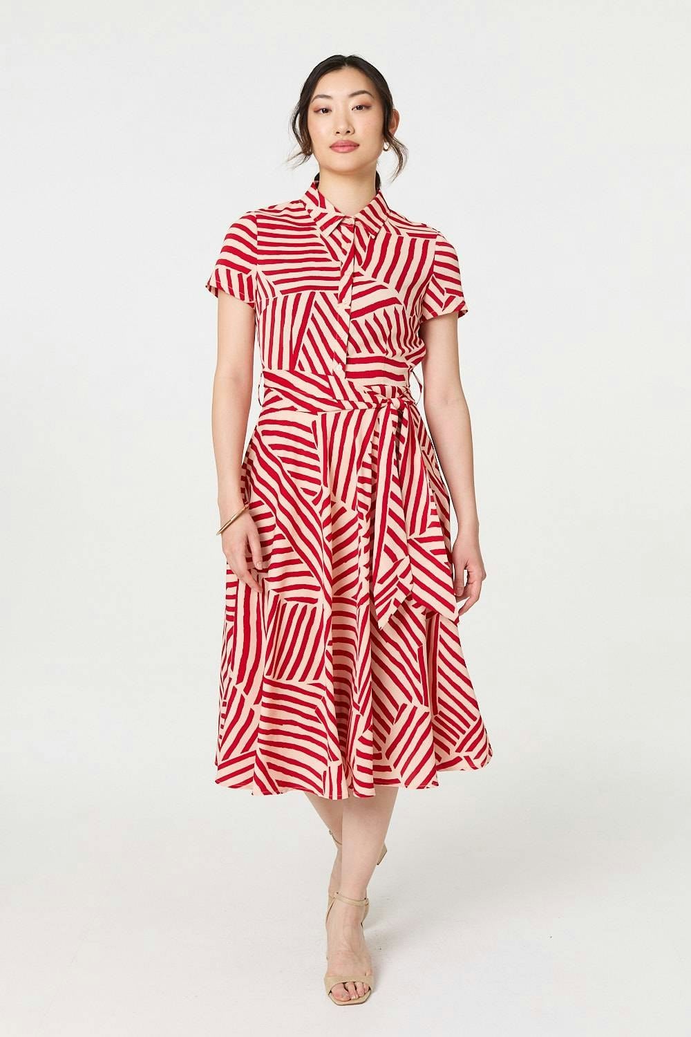 Izabel London Red Striped Tie Waist Midi Shirt Dress - 10