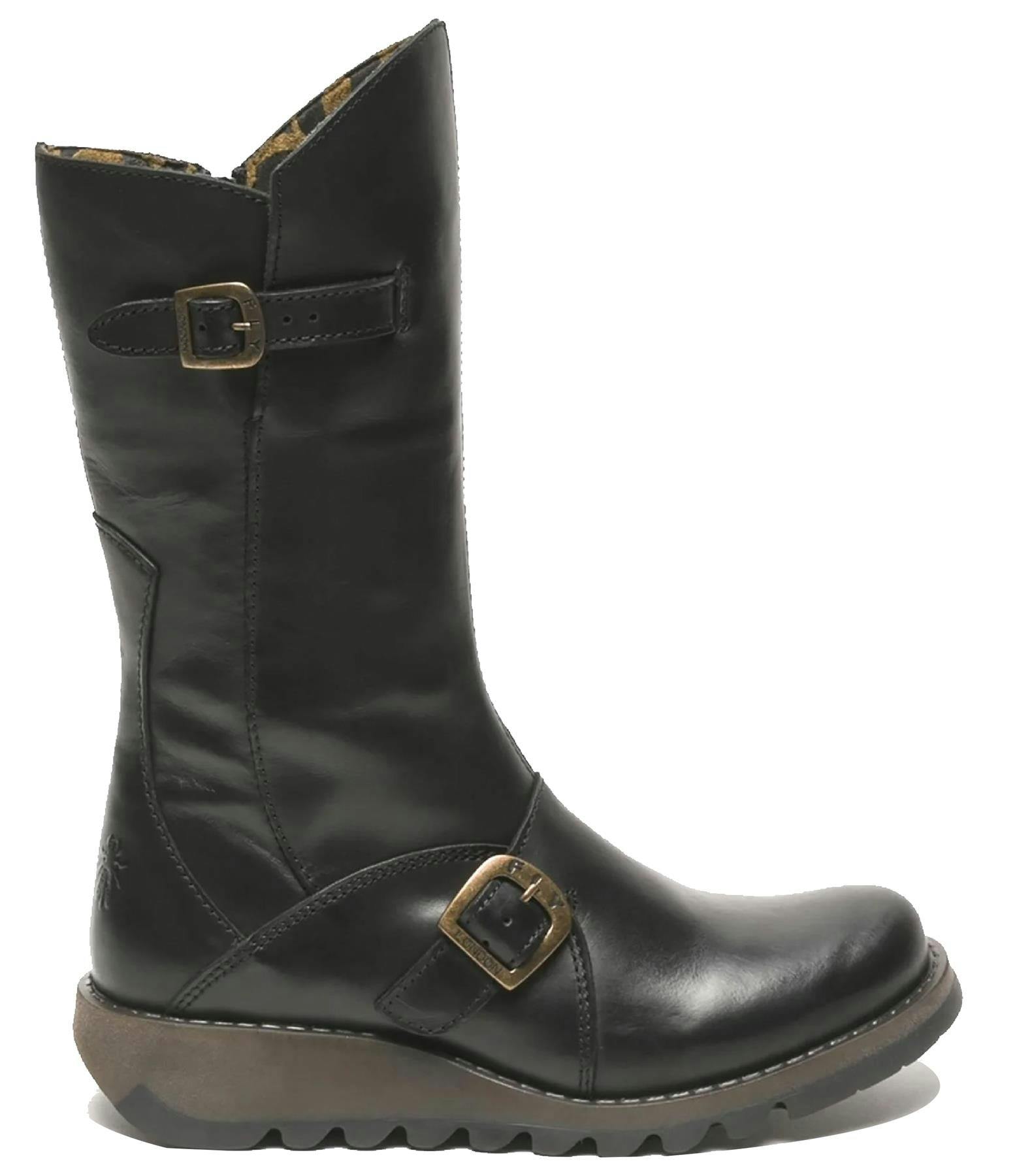 Fly London Women's Black Mes 2 Wedge Heel Buckle Mid-Calf Leather Zip Platform Boots - Uk 3 | Eu 36 | Us 5.5