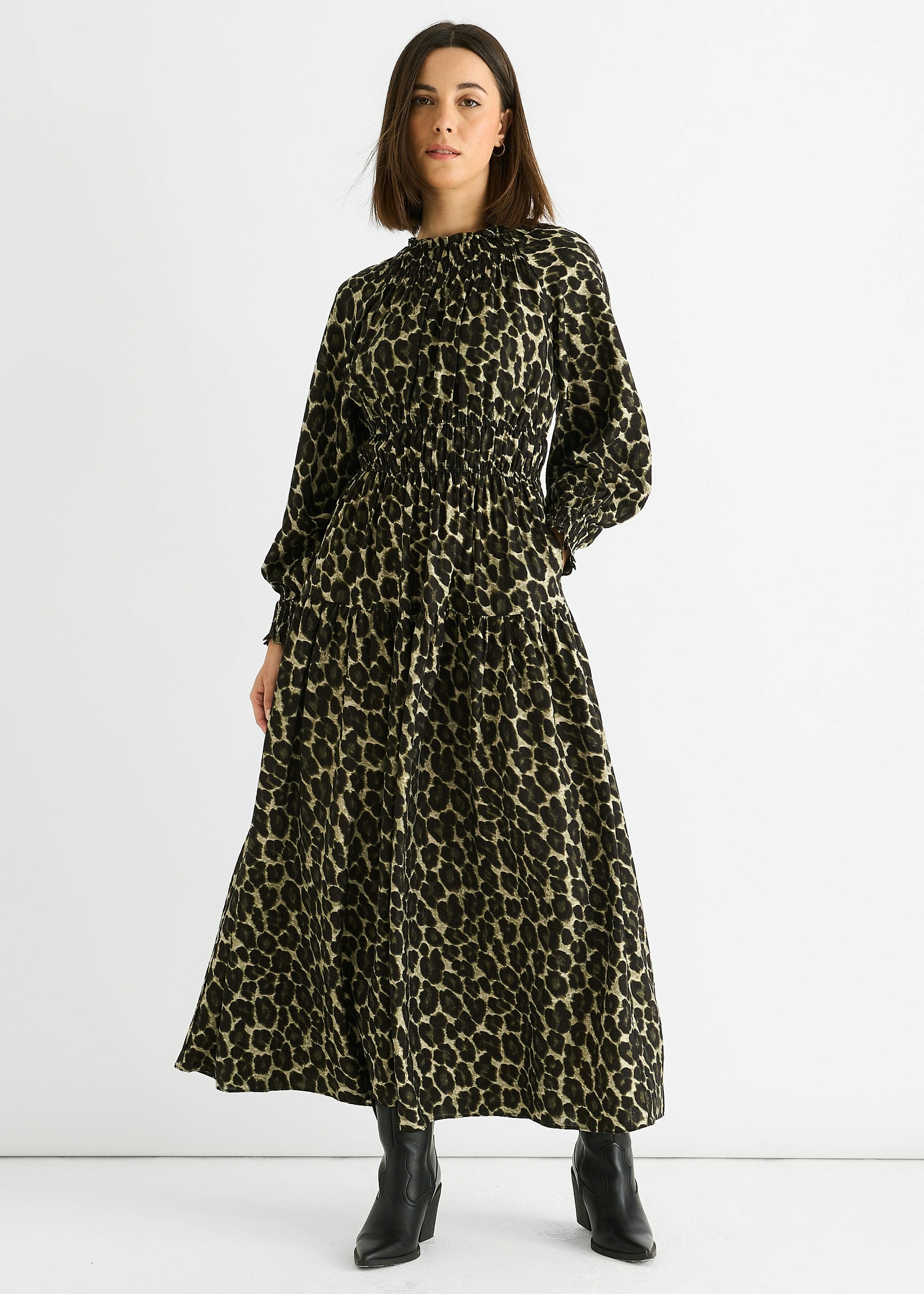 Gini London Khaki Animal Print Shirred High Neck Maxi Dress - Uk 12 / Us 8 / Eu 40