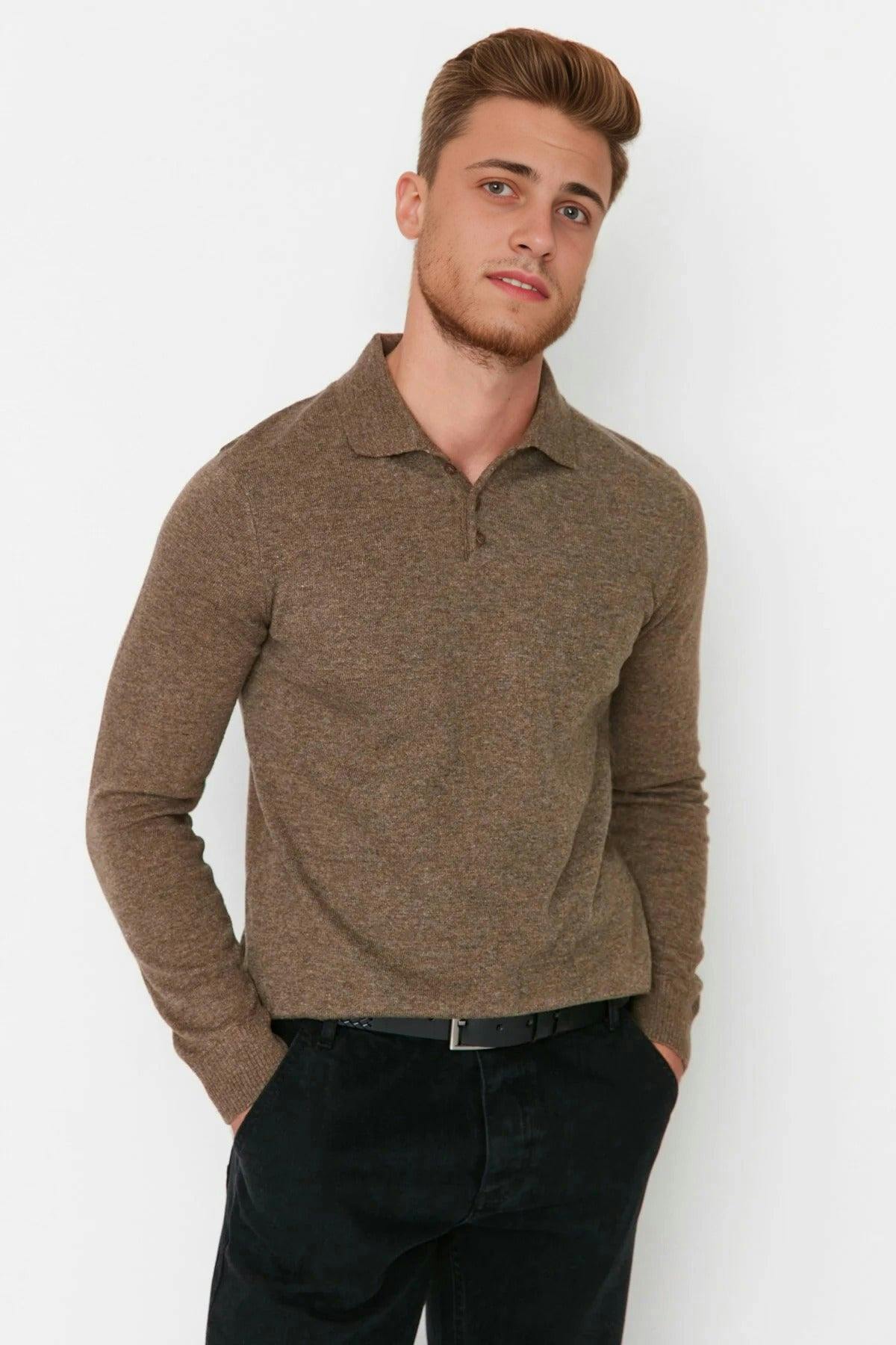 Wovcor Men's Polo Neck Buttoned Smart Knit Sweater - Taupe - M