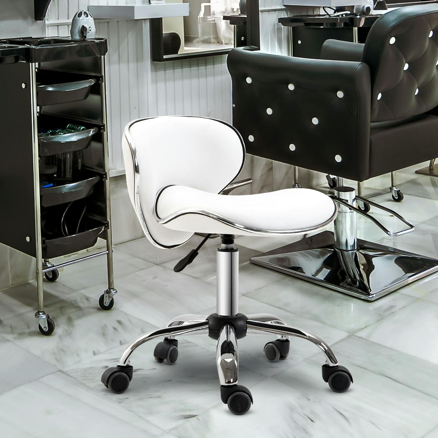 Rackhams White Office Chair Beauty Salon Rolling Technician Stool Chair - Pu, Sponge