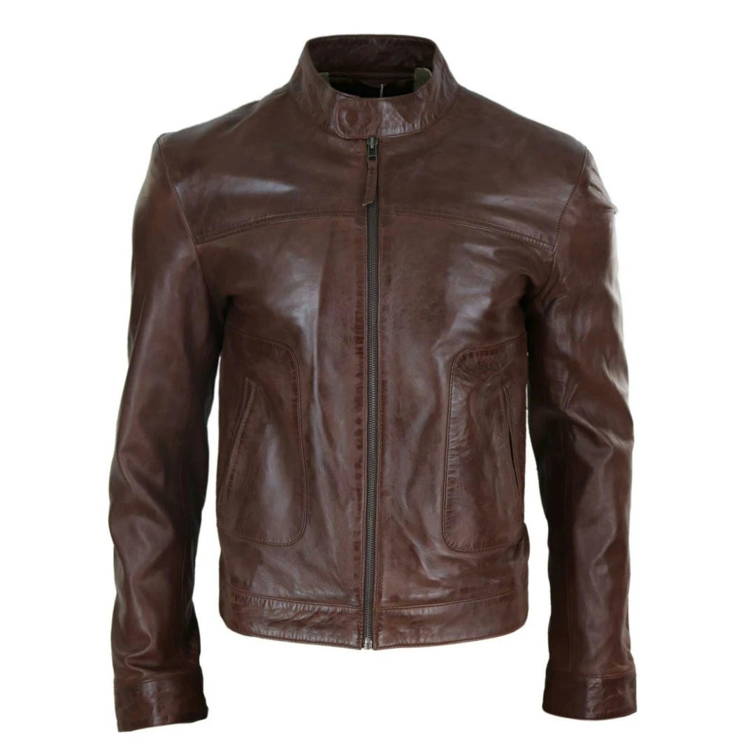 Infinity Leather Men's Brown Leather Company Classic Leather Biker Jacket Collarless - 4XL