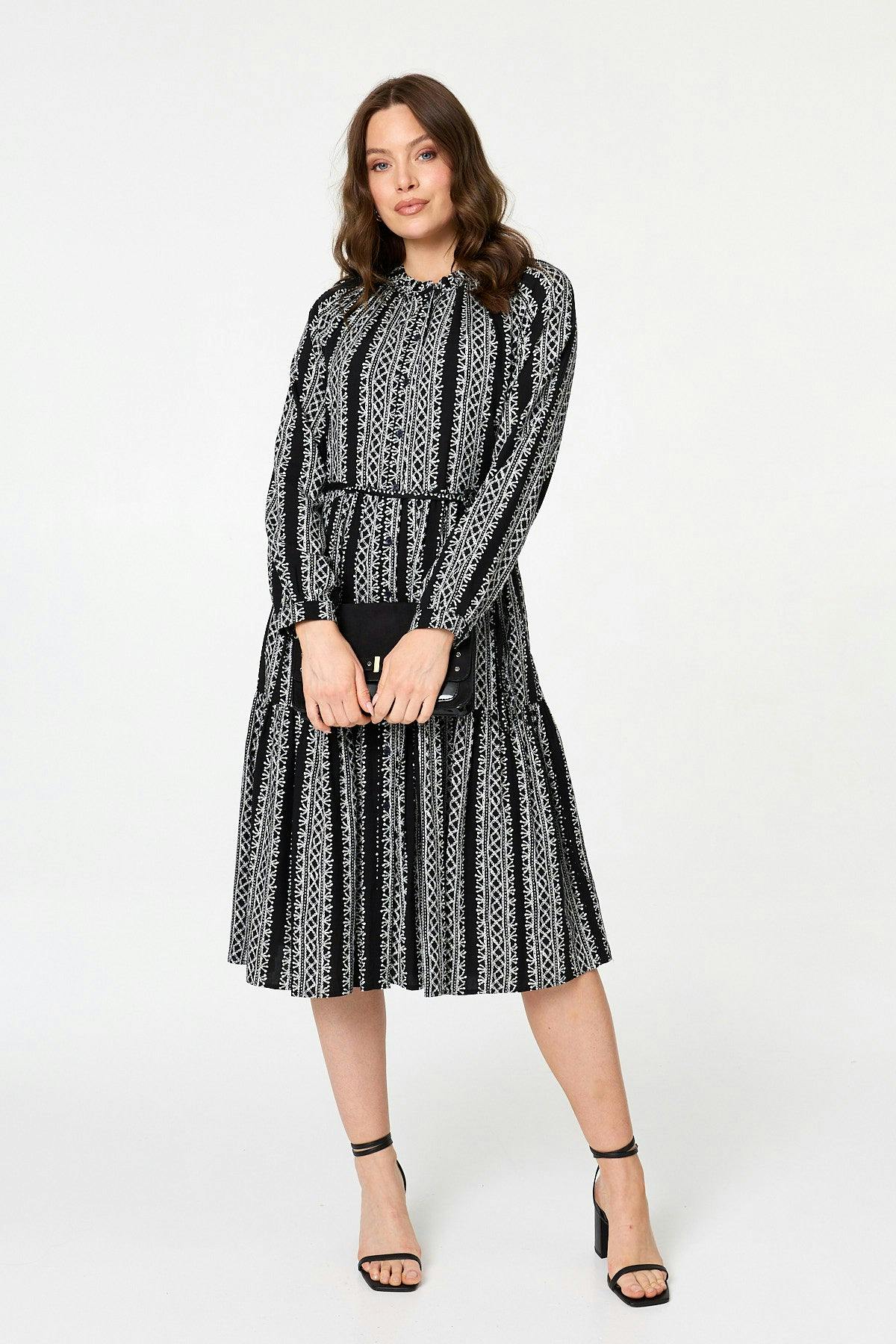 Izabel London Black Geo Print Tiered Long Sleeve Midi Dress - 16