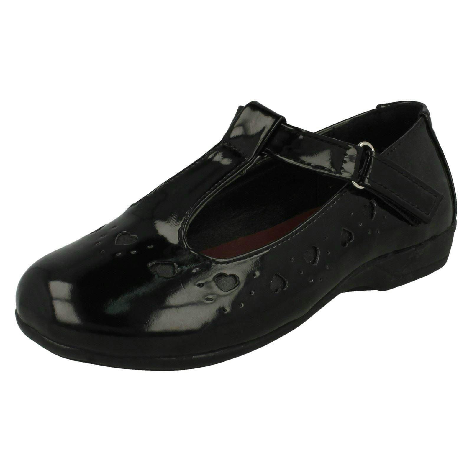 Spot On Girls Black Heart Detail T-Bar School Shoes - Synthetic Patent - Uk 13 Child