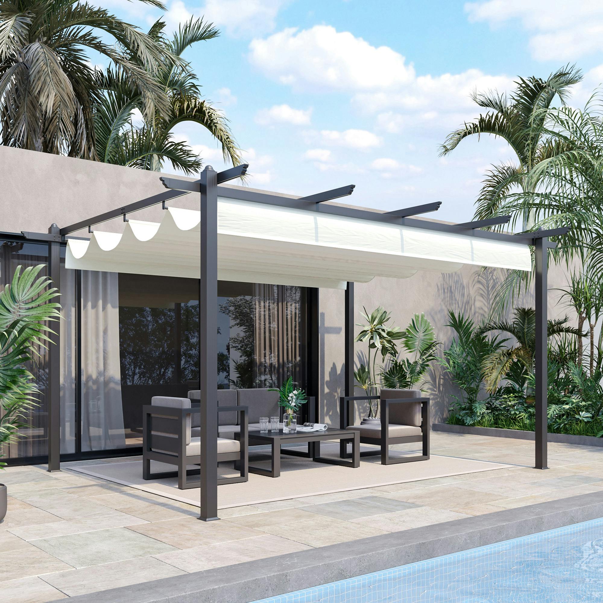Outsunny Cream 4 X 3(M) Aluminium Pergola Gazebo Garden Shelter W/ Retractable Roof - Aluminium Alloy, Polyester - 3.96M X 2.96M X 2.2M